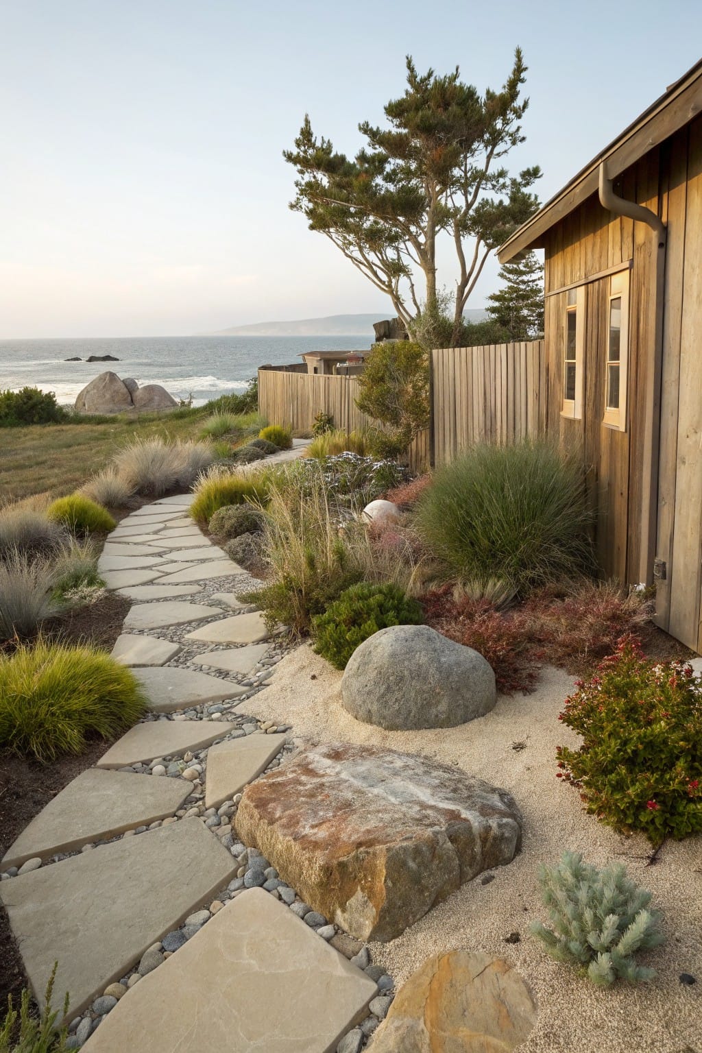 Winding path of irregular flagstone slabs through gravel and sand, edged with grasses, shrubs, and large boulders, beside a wooden shed with ocean view in background.