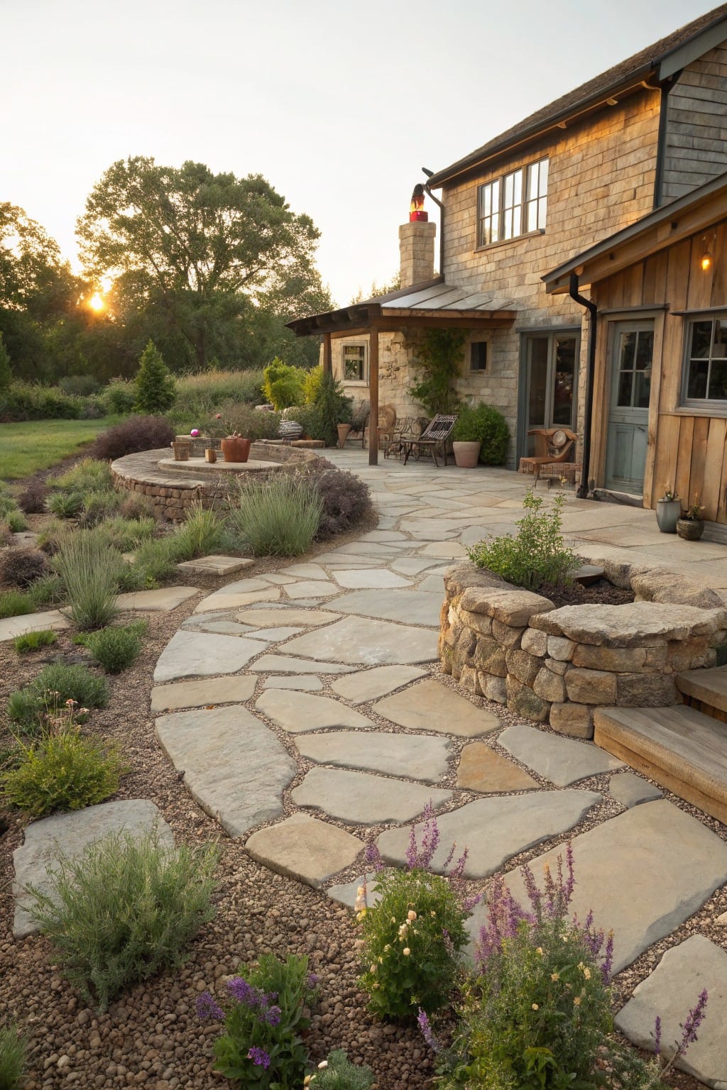 Winding flagstone path curves through a backyard with gravel edges, drought-tolerant plants including lavender and grasses, circular rock planters, and a rustic stone house with outdoor seating in the background at sunset.