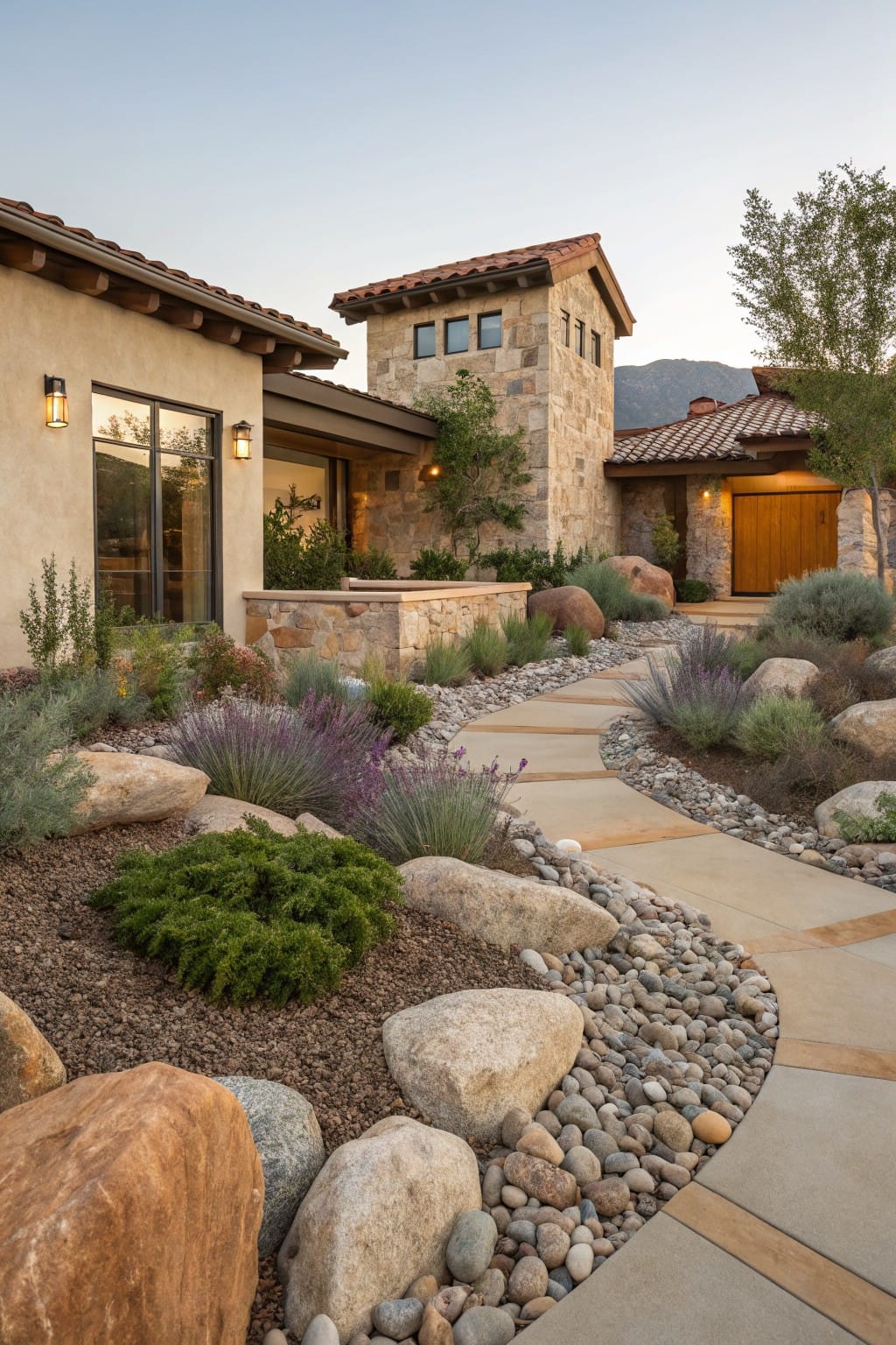 Curving concrete pathway edged with large boulders, gravel, lavender plants, grasses, and shrubs leads through a rock garden to a stucco and stone house with wooden garage door and tower.