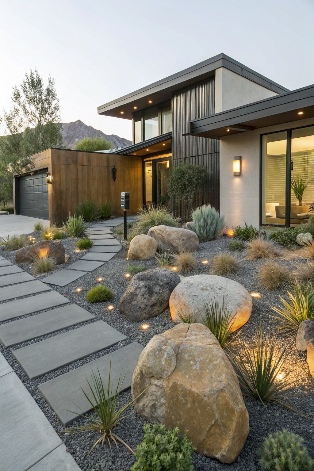 Modern house exterior featuring a curved concrete paver pathway winding through large boulders, gravel groundcover, agave plants, ornamental grasses, and embedded pathway lights in a drought-tolerant front yard.