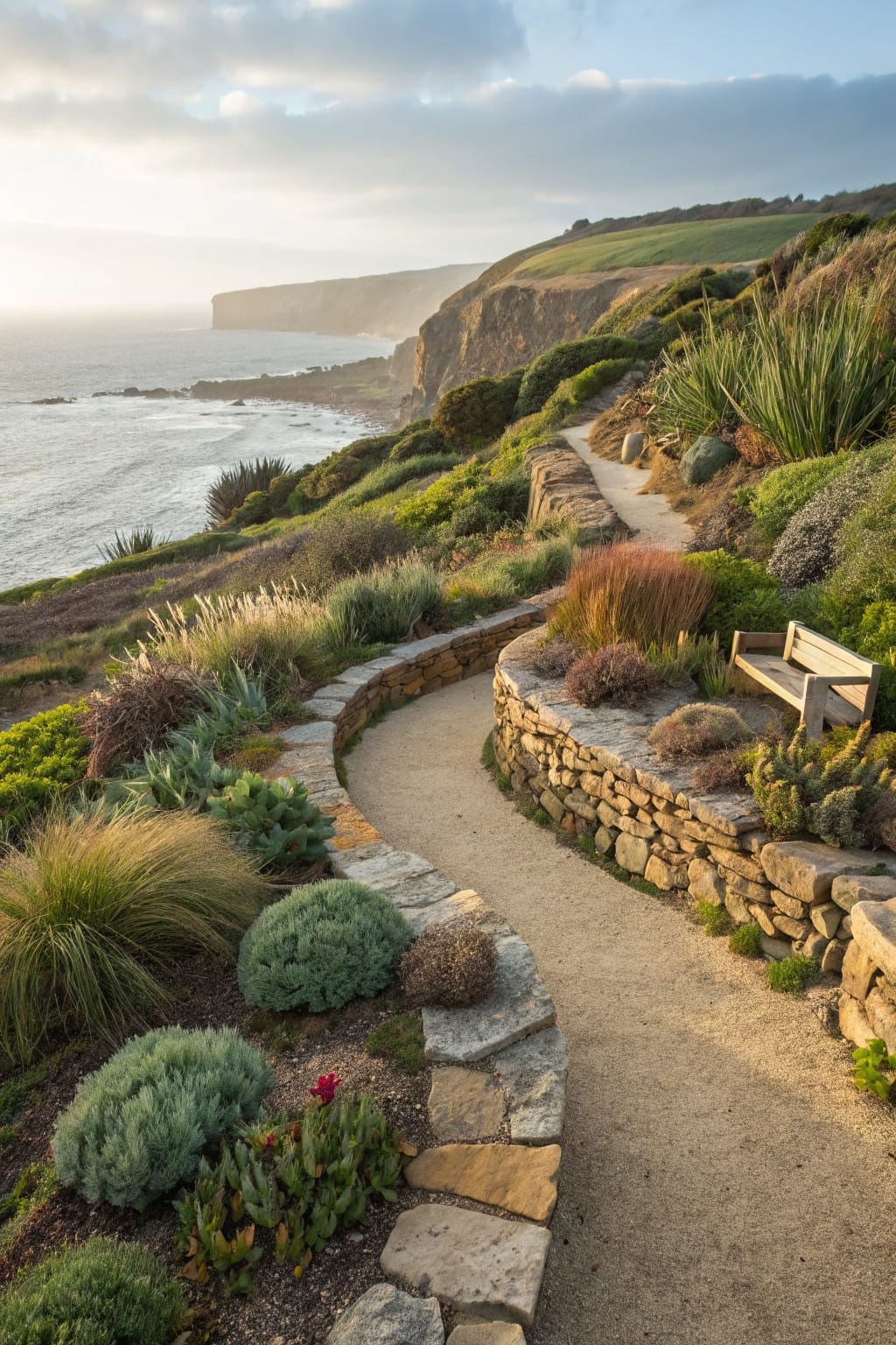 Winding path through lush coastal gardens, overlooking cliffs and ocean under a hazy sky.