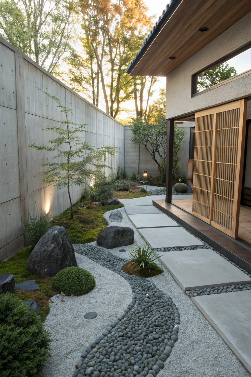 Japanese-style rock garden with a curving path of light gray gravel and dark pebbles winding past large rocks, moss, low shrubs, and yucca plants, alongside concrete walls and wooden sliding doors to a house.
