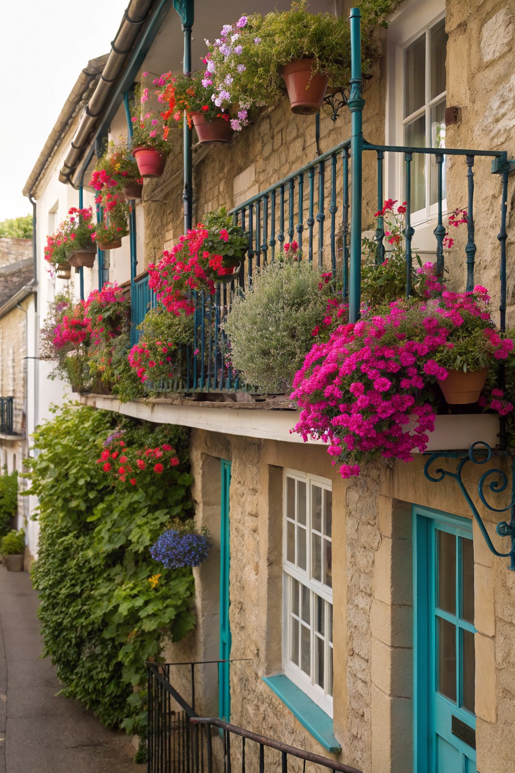 Stone cottage exterior on a narrow street with teal door, multiple green-painted wrought-iron balconies overflowing with red, pink, purple, and blue flowers in terracotta pots and hanging baskets, plus climbing green vines on the walls.