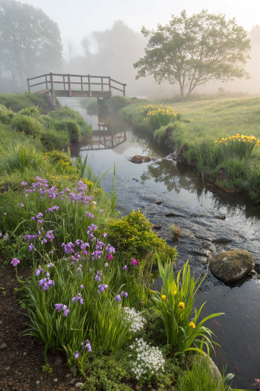A wooden footbridge spans a narrow stream lined with purple irises, yellow daffodils, green grasses, and rocks amid morning mist and surrounding trees.