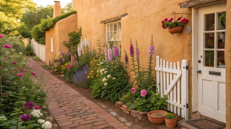 Yellow stucco cottage with white picket fence and open gate, brick path lined with tall pink foxgloves, pink roses, lavender, and mixed perennials in narrow beds, terracotta pots and plates on stone steps near the green door.