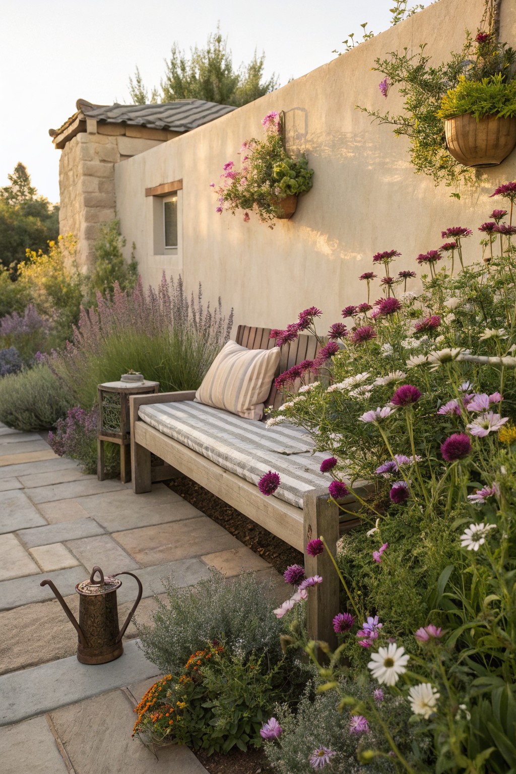 Wooden bench with striped cushion on stone paver path surrounded by purple echinacea, lavender, white daisies, and other flowers against beige stucco wall with hanging planters and copper watering can nearby.
