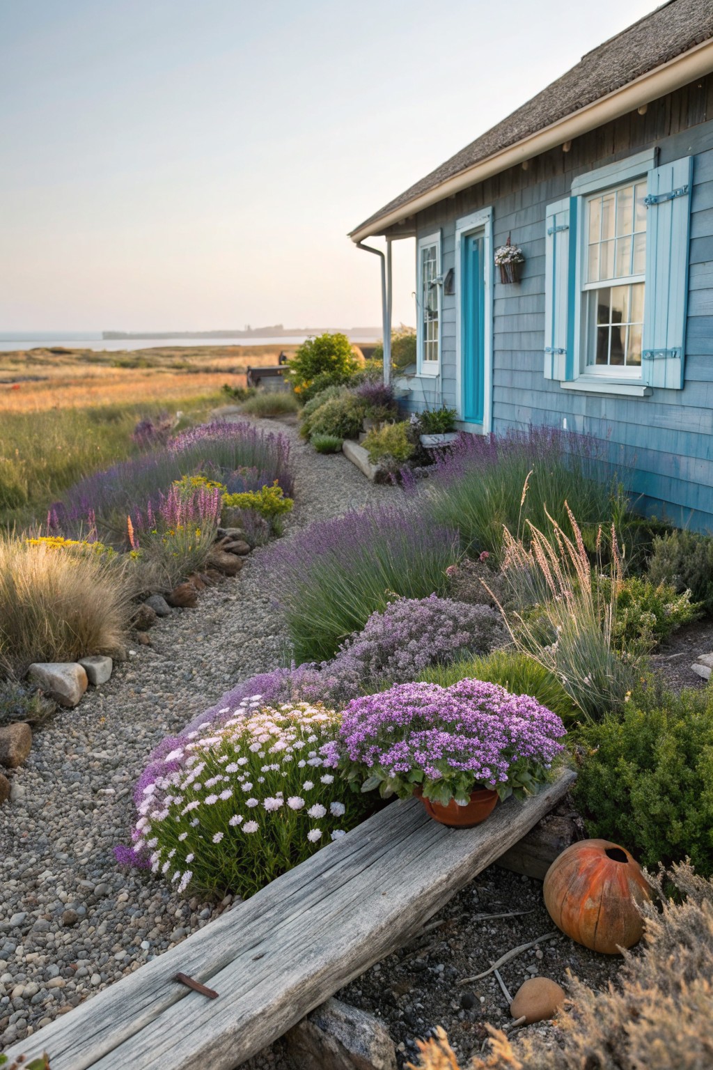 Blue shingle cottage with turquoise door and shutters beside a curved gravel path through layered garden beds of lavender, grasses, asters, and shrubs, with a wooden bench, clay pot, and pumpkin nearby, overlooking coastal marsh at dusk.