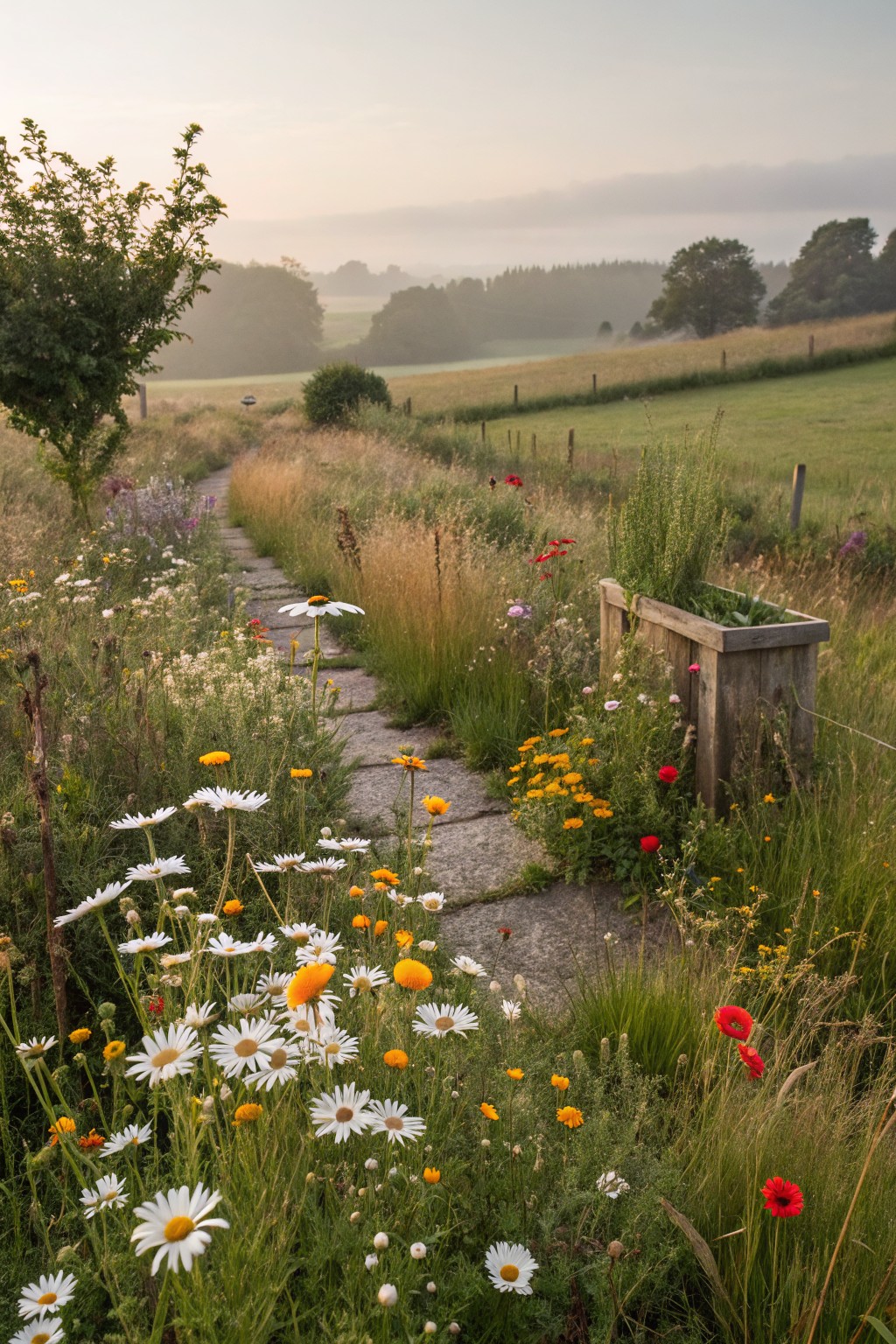 Narrow stone path winding through a dense garden bed of white daisies, yellow coreopsis, red poppies, tall grasses, and other wildflowers, with a wooden planter box beside it and misty green fields in the background.