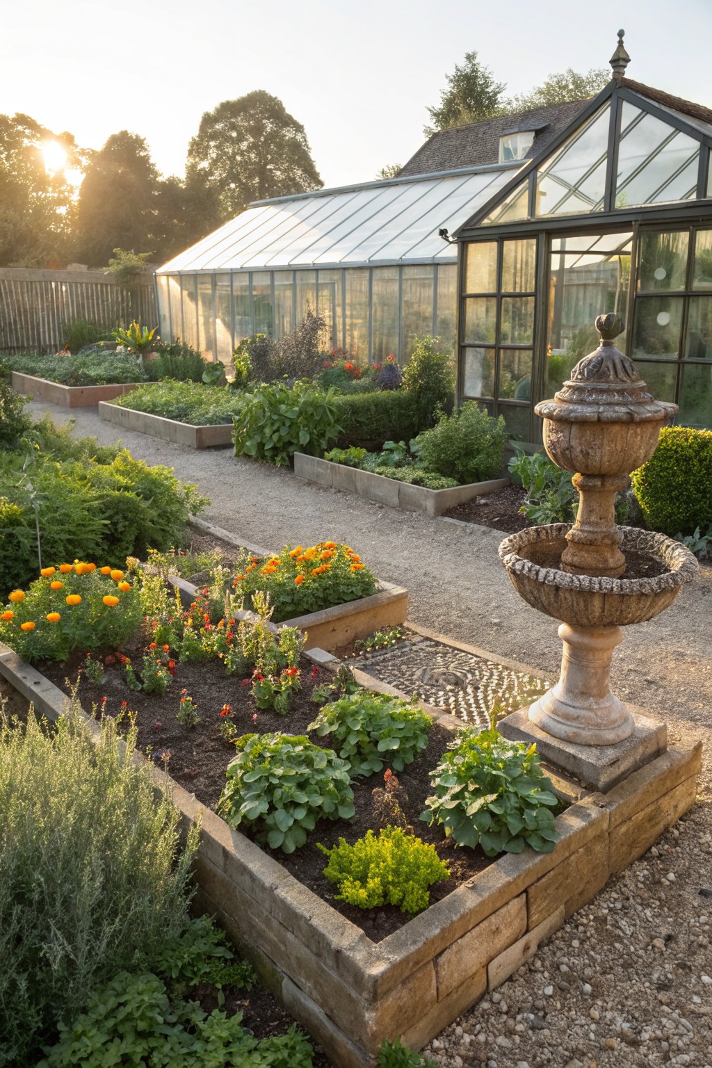 Wooden raised garden beds filled with colorful flowers like marigolds, herbs, and vegetables line a gravel path leading to a glass greenhouse, with a stone fountain nearby.