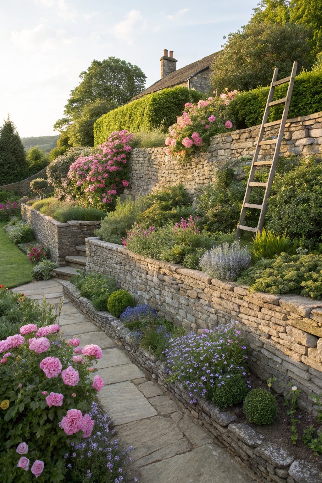 Sloped garden featuring terraced dry-stone walls planted with pink roses, lavender, perennials, and shrubs, a flagstone path, wooden ladder leaning on a wall, and a stone cottage house in the background under a partly cloudy sky.