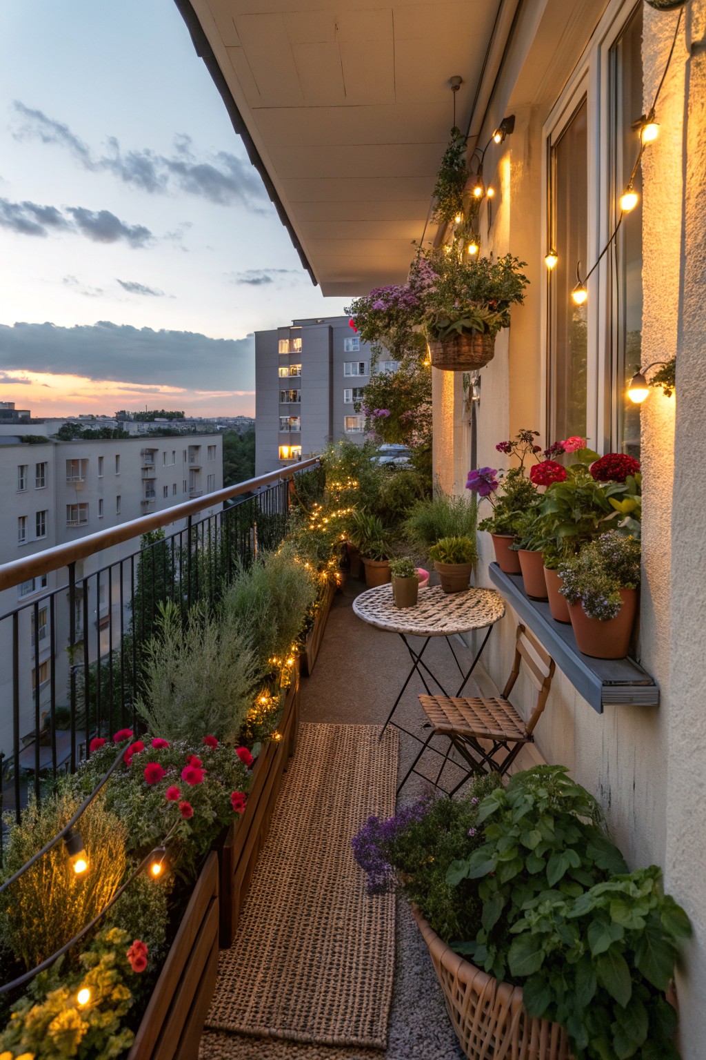 Narrow urban balcony at dusk with string lights draped along railings and walls, numerous potted flowers and plants in terracotta pots and hanging baskets lining the edges, small white bistro table and two woven chairs in the center, city buildings in background.