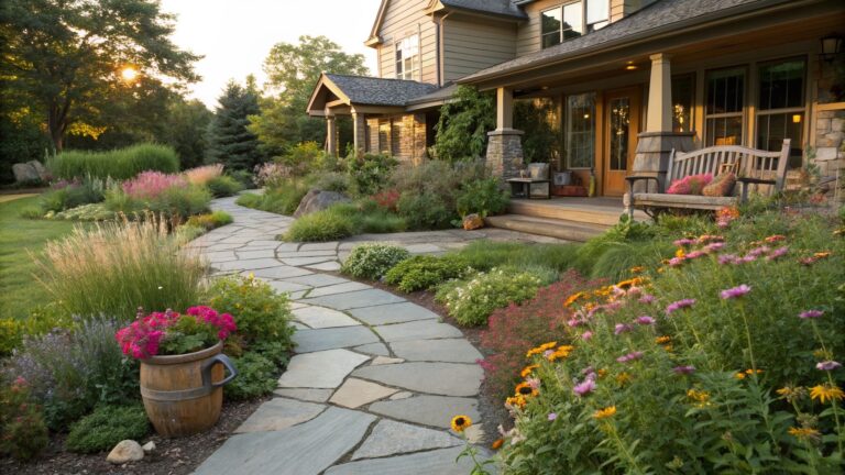 A curved flagstone path winds through dense wildflower beds with pink, yellow, and purple blooms leading to a wooden bench on a stone house porch.