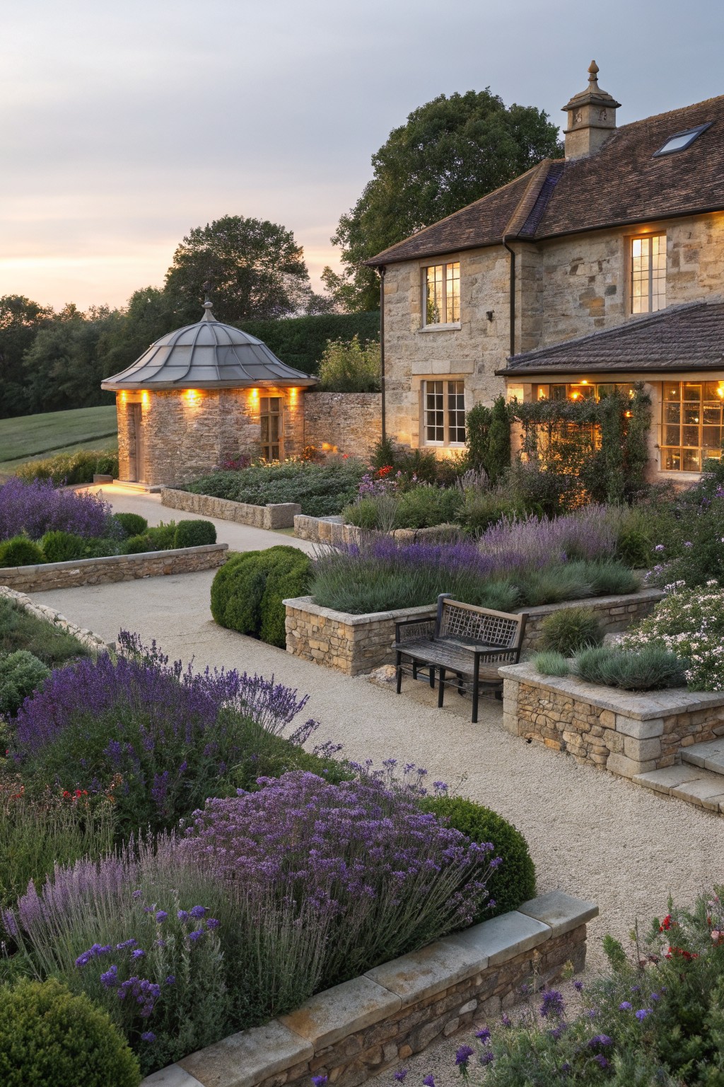 Stone country house with terraced lavender-filled raised beds, gravel paths, stone walls, boxwood shrubs, and a wooden bench in evening light.