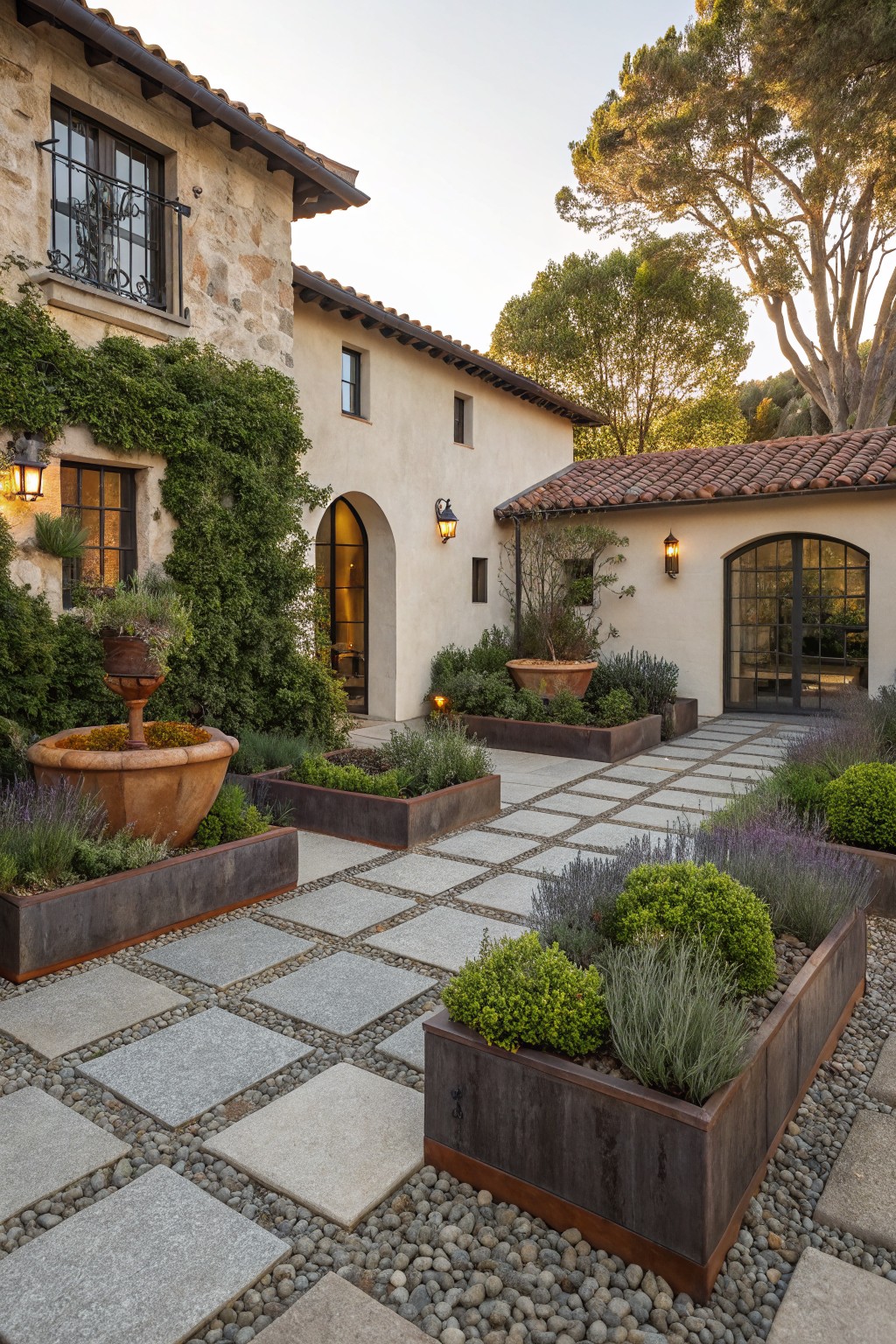 Courtyard between stucco buildings with red tile roofs, featuring raised corten steel planters filled with lavender and herbs, a central terracotta fountain, stone paver paths with gravel between, and wall-mounted lanterns.