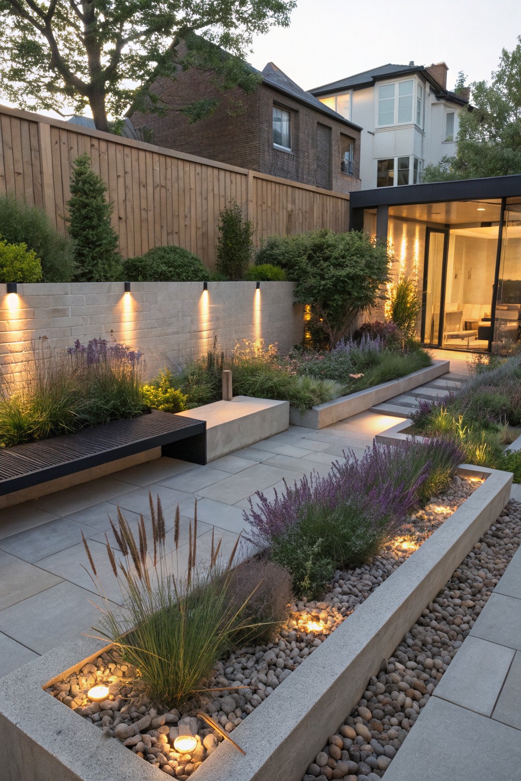 Backyard patio with linear concrete raised planters filled with lavender, ornamental grasses, and pebbles, featuring integrated low-level lighting, stone pavers, a bench, and adjacent modern glass house extension.