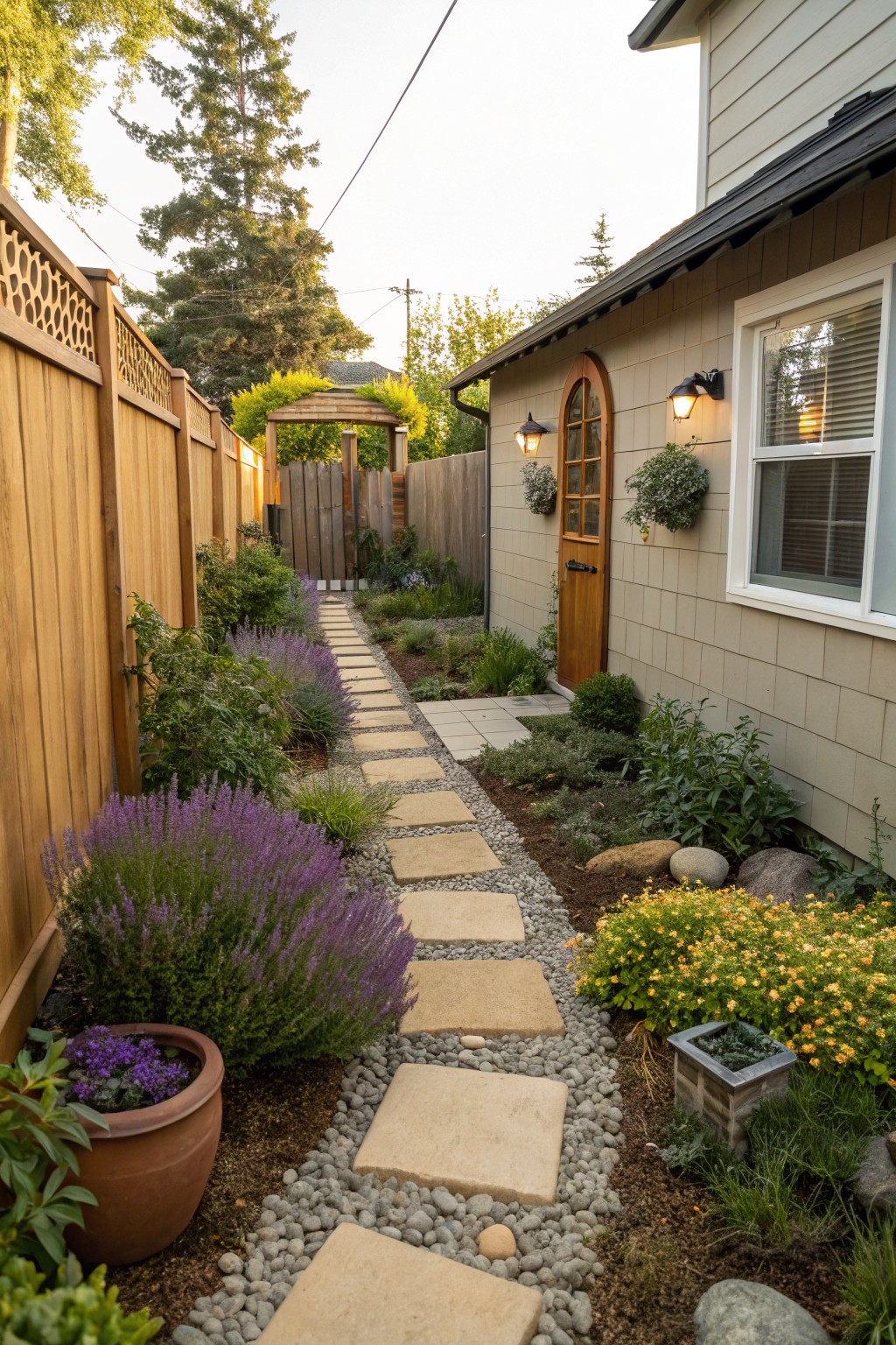 Narrow side yard garden path of irregular beige stone stepping stones winding through gravel mulch, purple lavender plants, green shrubs, yellow wildflowers, rocks, and potted flowers between wooden fences toward an arched wooden door on a beige shingled house wall with wall lights and hanging plants.