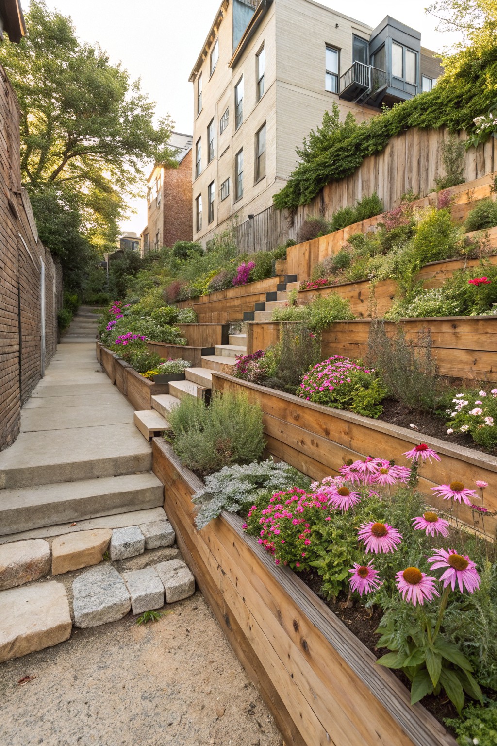 Narrow concrete walkway and steps ascend a sloped backyard with multiple terraced wooden planter boxes overflowing with pink coneflowers, green herbs, and other flowers, beside brick walls and adjacent buildings.