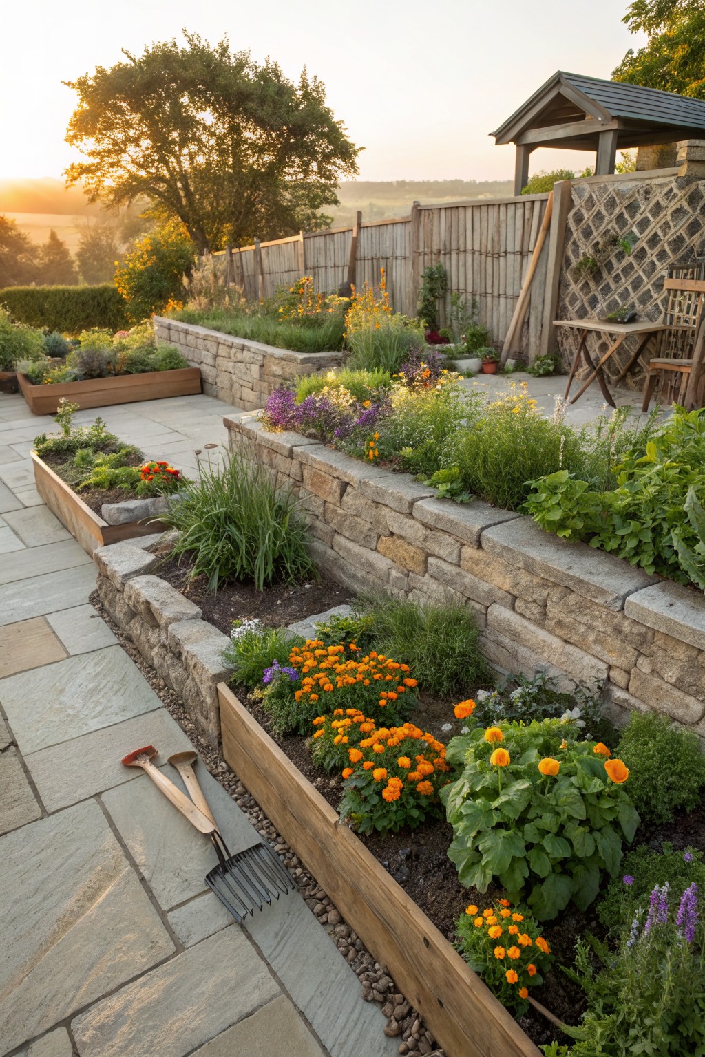 Sloped garden terrace with dry-stone retaining walls and wooden raised planters filled with orange marigolds, green herbs, and other flowers, next to a paved patio area with folding chairs, a table, and garden hand tools at sunset.