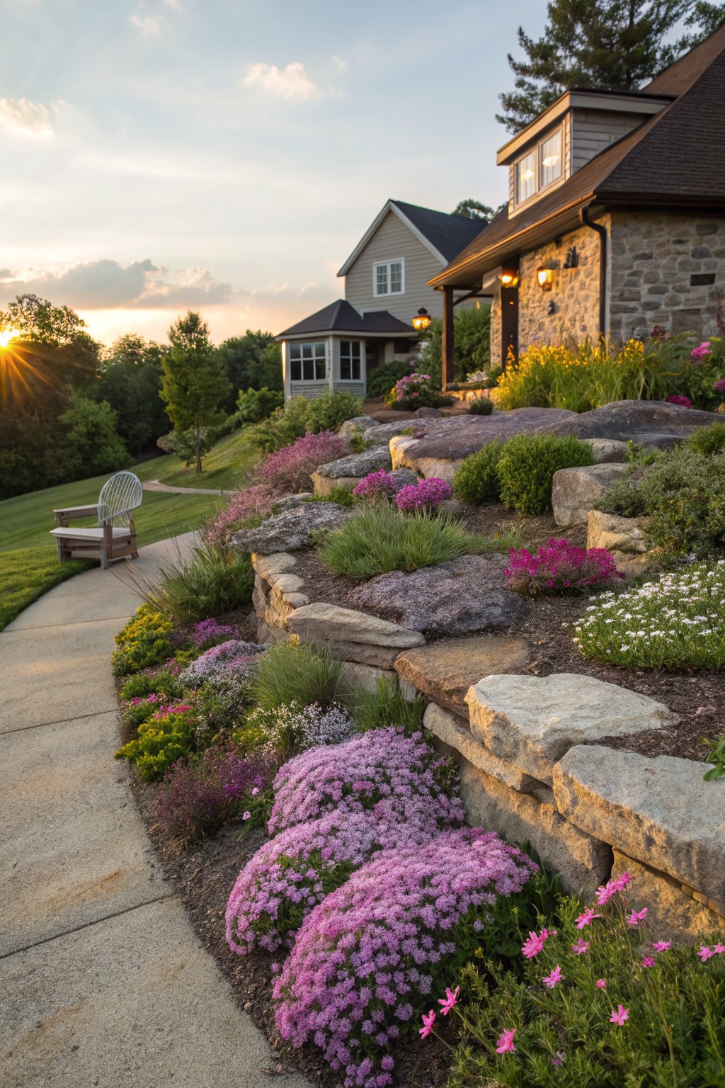Sloped yard with dry-stacked stone retaining walls forming terraces planted with pink phlox, purple sedums, and other flowers, a concrete path curving alongside, houses and trees in the background at sunset.