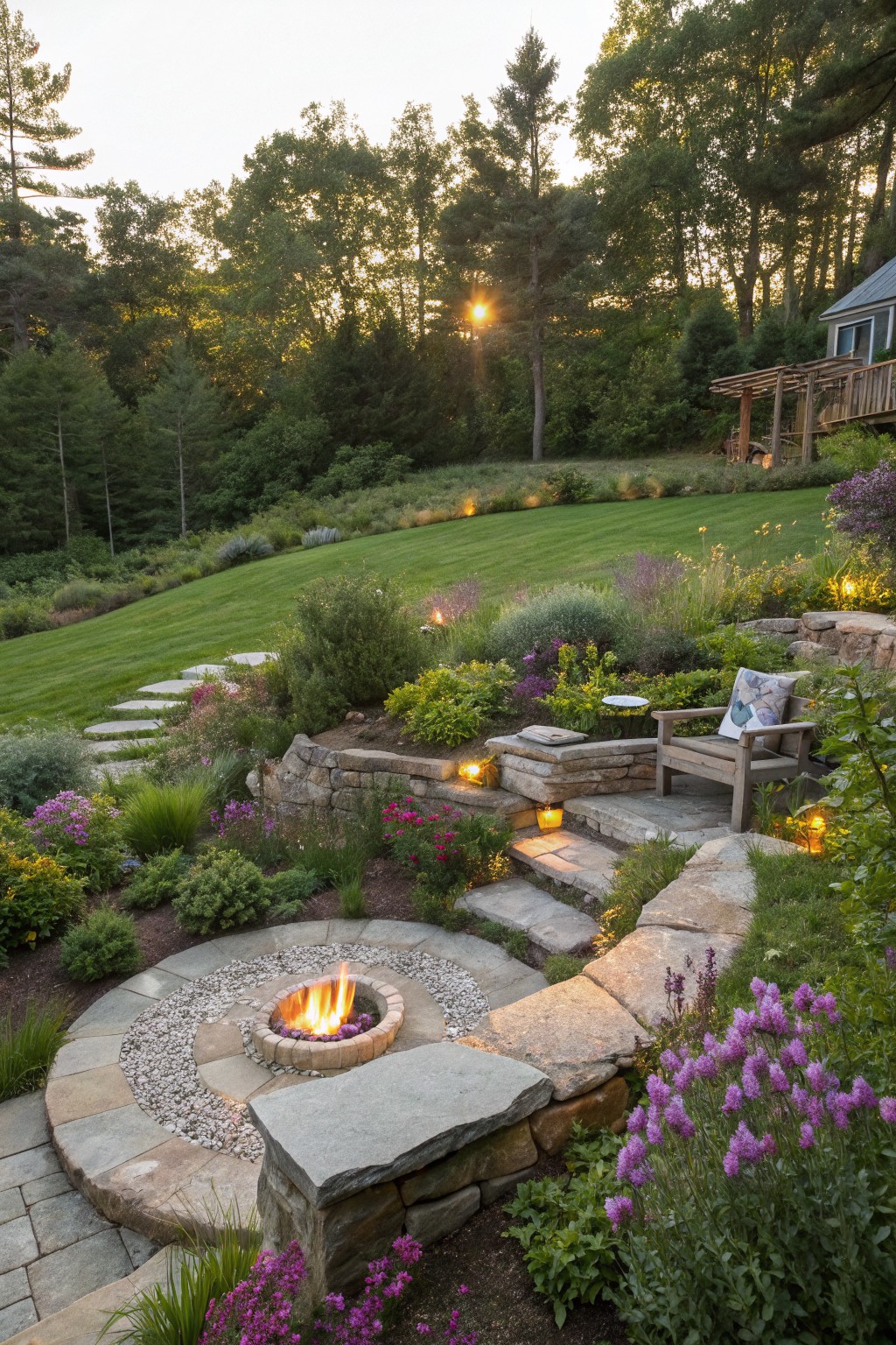 Sloped backyard with stone retaining walls and steps terraced into planting beds of purple wildflowers and grasses, a circular gravel fire pit, lanterns, a wooden chair on a landing, green lawn above, and trees in the background at sunset.