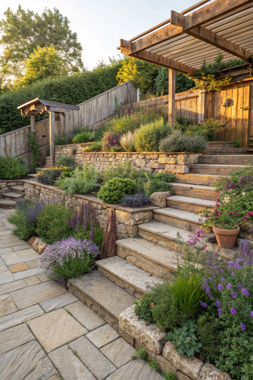 Sloped garden with dry-stacked stone retaining walls forming terraced beds planted with wildflowers, lavender, grasses, and shrubs, leading up wooden steps to a patio under a pergola.