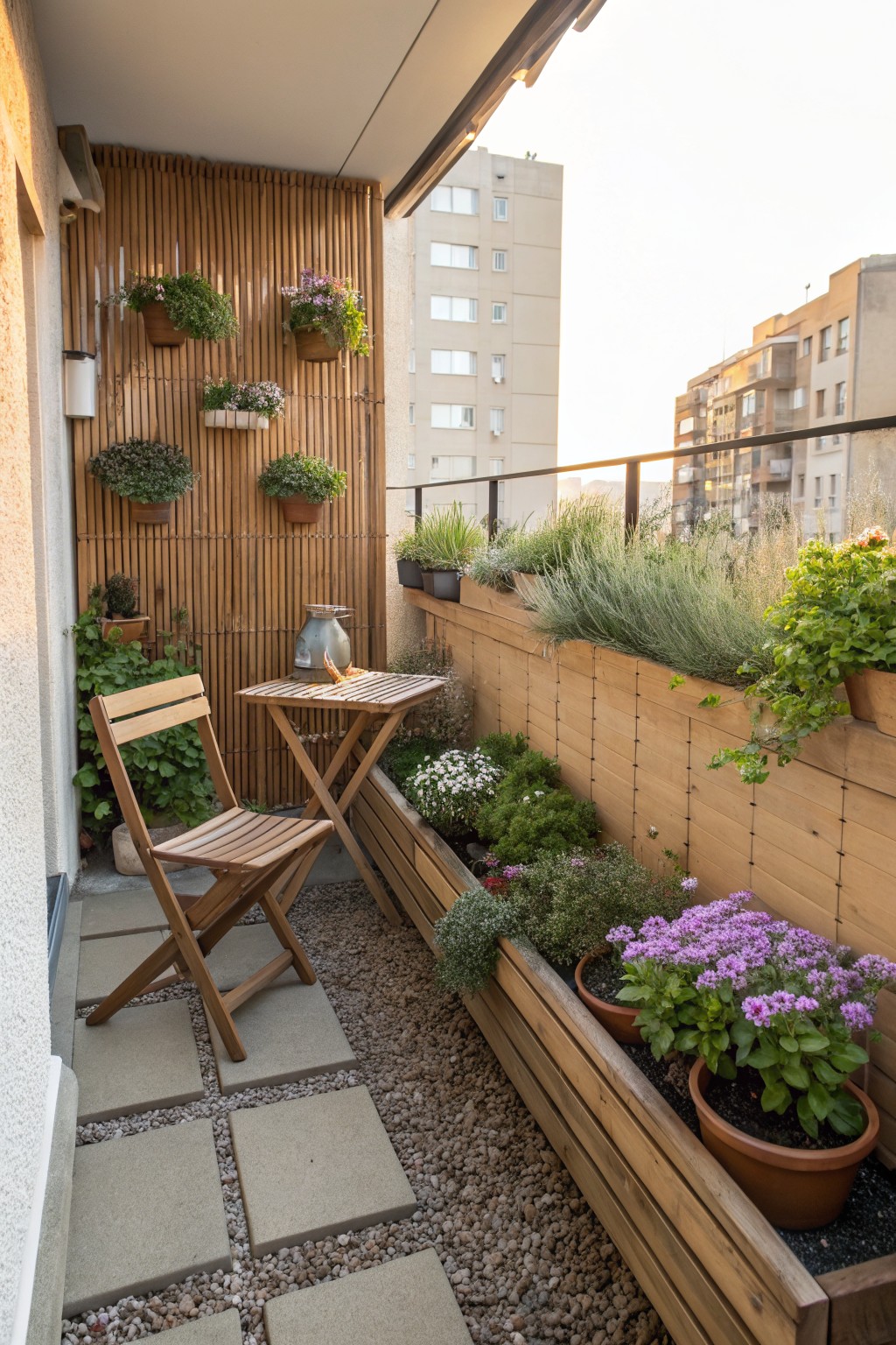 A compact balcony with a tall bamboo privacy screen featuring integrated hanging pots and shelves of flowering plants and greenery, a small wooden folding table and chair, built-in wooden planters along the railing filled with potted flowers and herbs, and gravel ground cover.