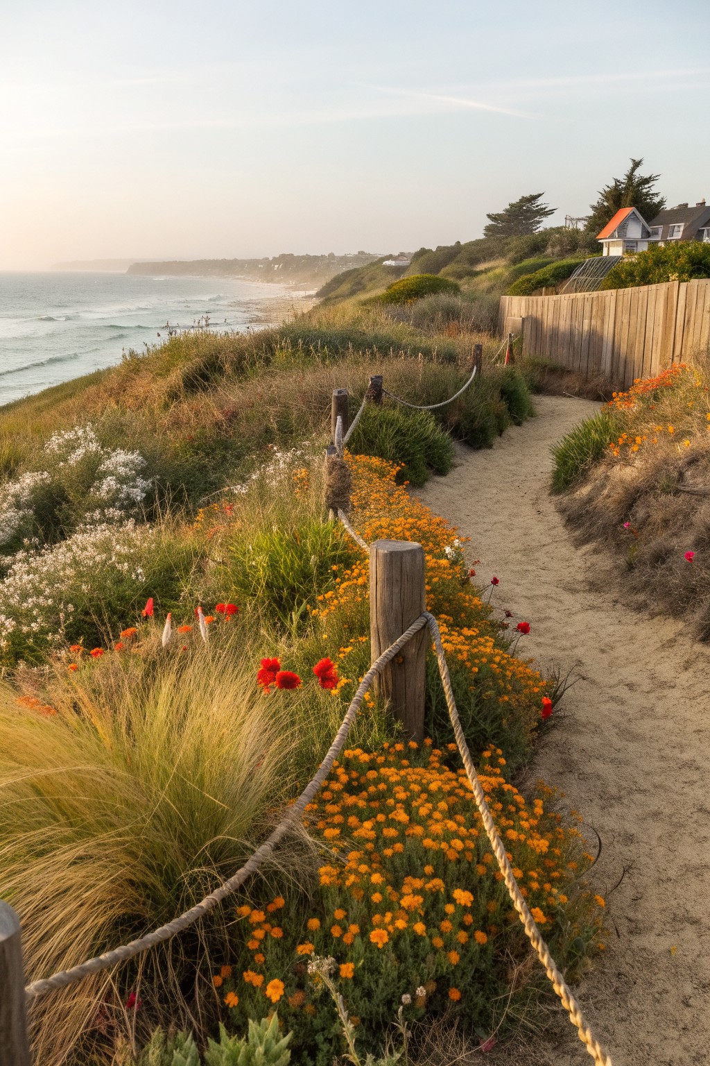 A sandy path winds through coastal dunes edged with orange wildflowers, white blooms, grasses, and rope barriers on wooden posts, overlooking the ocean with distant houses and cliffs.