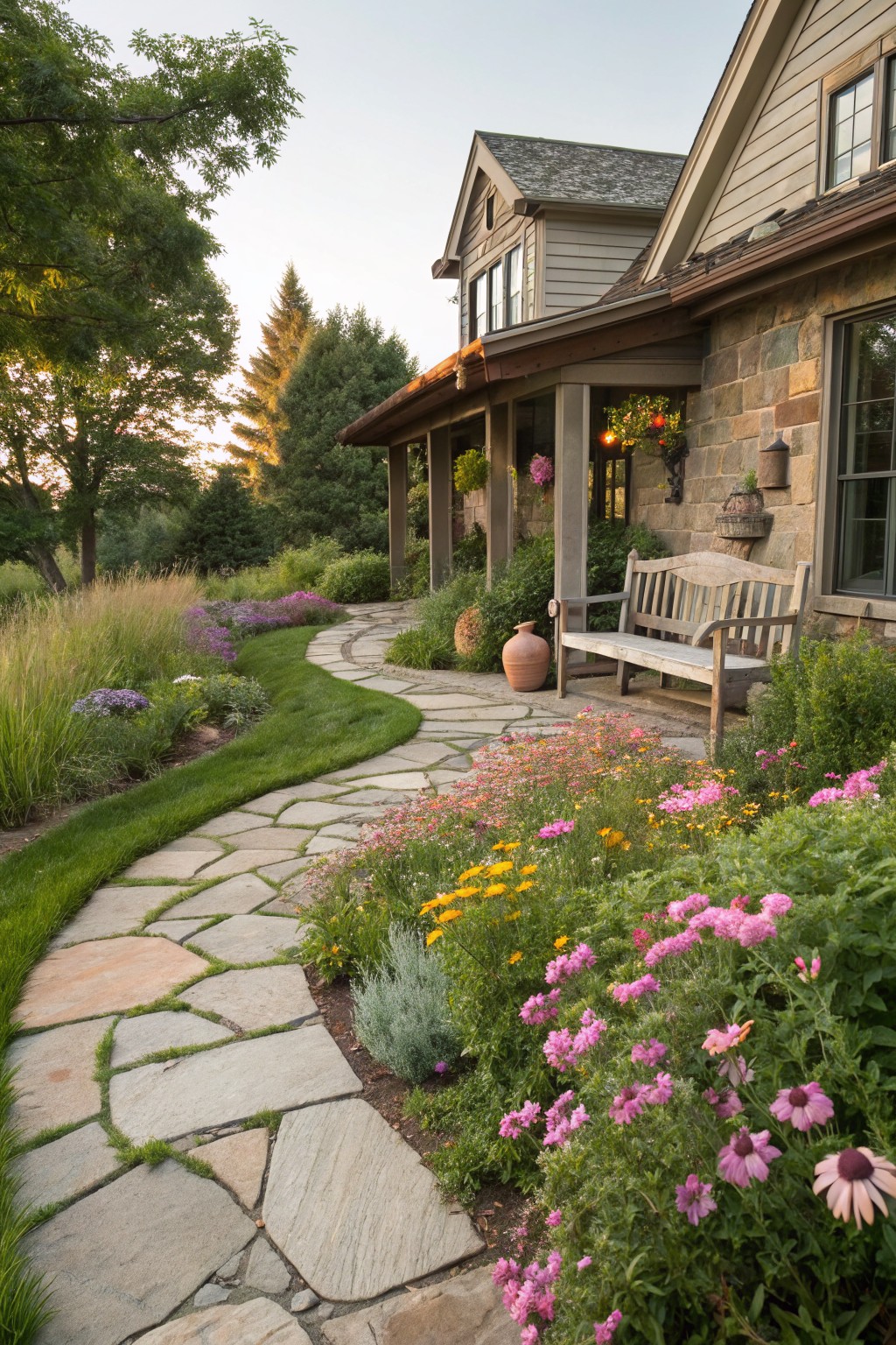 A curved flagstone path winds through dense wildflower beds with pink, yellow, and purple blooms leading to a wooden bench on a stone house porch.
