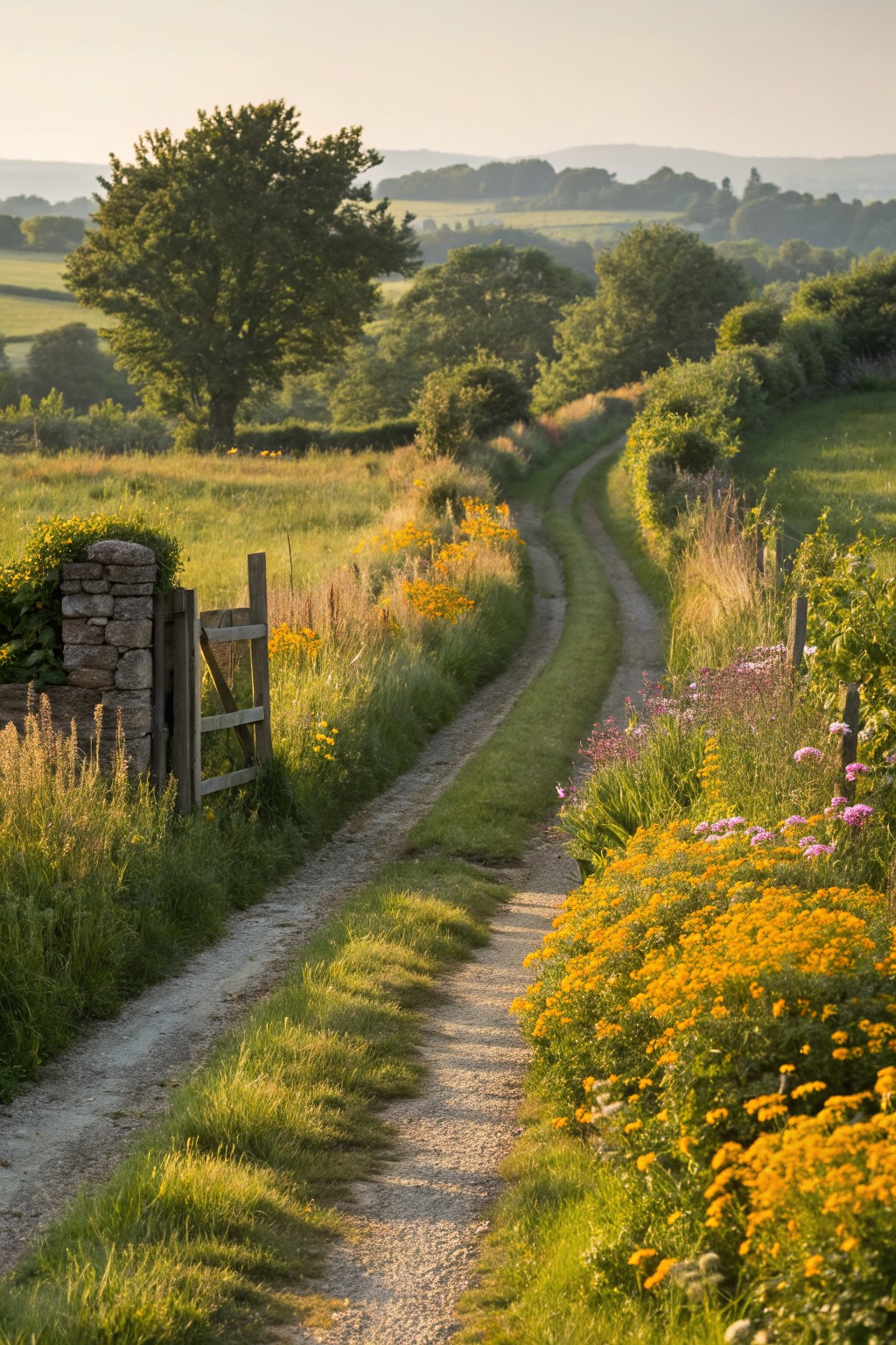 A winding gravel path bordered by wildflowers, tall grasses, and hedges passes through a wooden gate with stone posts in a rural field with distant trees and hills.