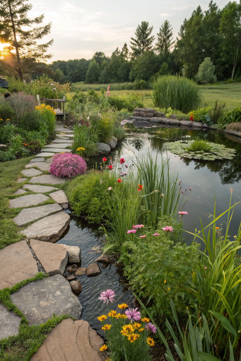 Winding path of irregular gray stone slabs through green grass and colorful flower beds beside a small pond with water lilies, reeds, and rocks in a garden surrounded by trees at sunset.