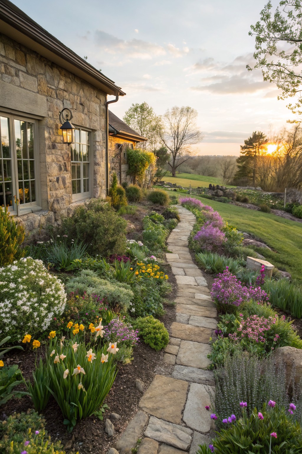 Stone house exterior with a winding flagstone path bordered by diverse flowering perennials and shrubs in garden beds at sunset.