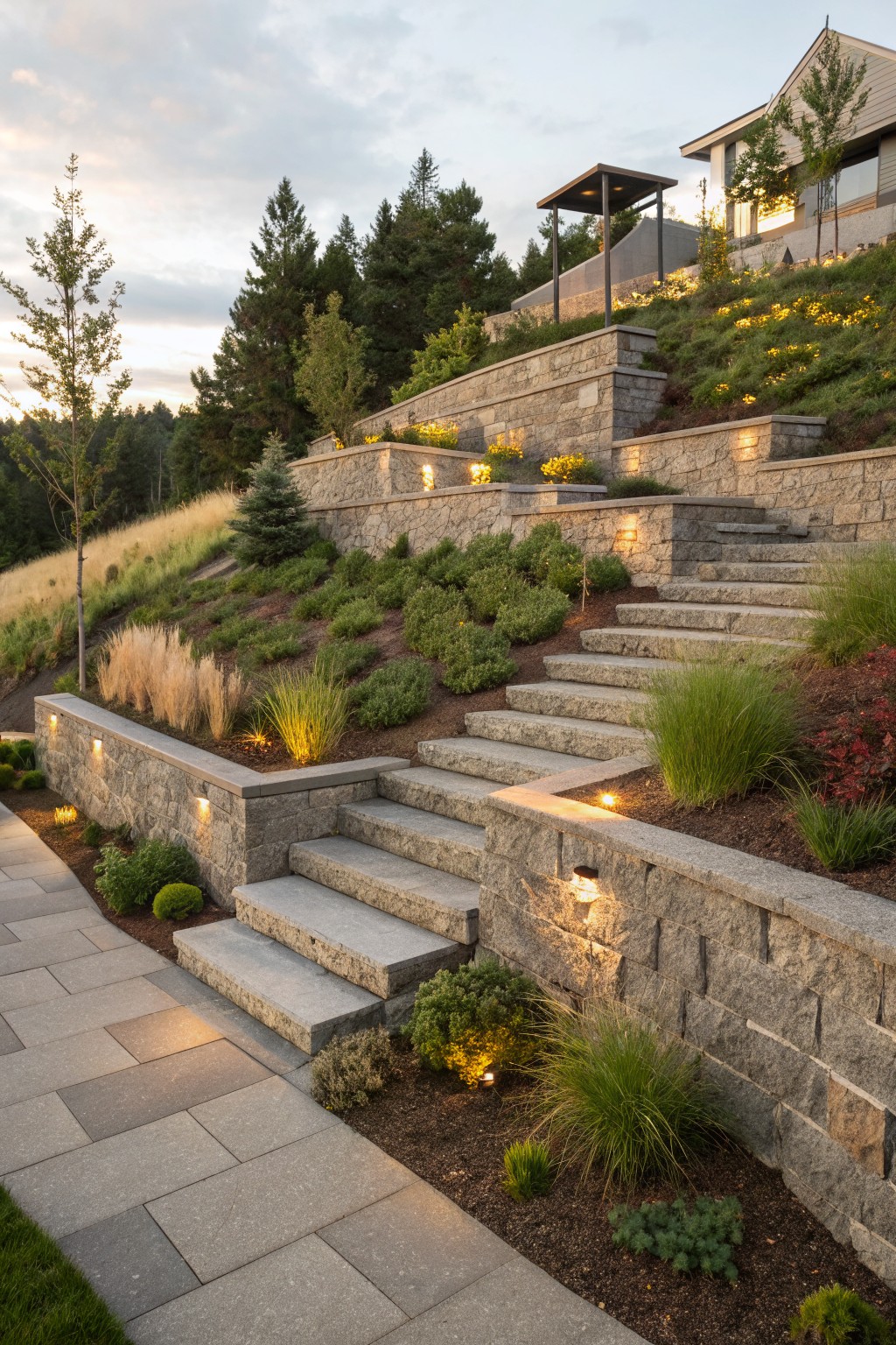 Sloped yard with multiple terraced stone retaining walls, wide concrete steps integrated into the walls, low-voltage lights embedded in the stone, and plantings of ornamental grasses and shrubs leading to a house above.