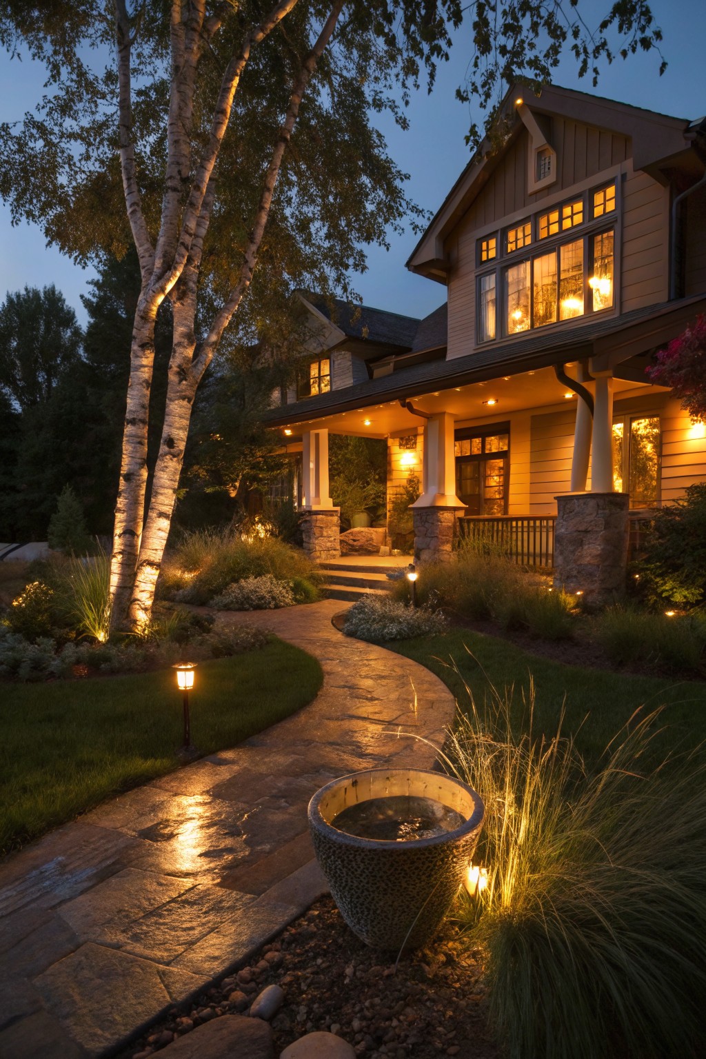 Dusk view of a craftsman-style house with porch, featuring a curving wet stone path through front yard landscaping, lit by path lamps and uplights on birch trees and grasses.