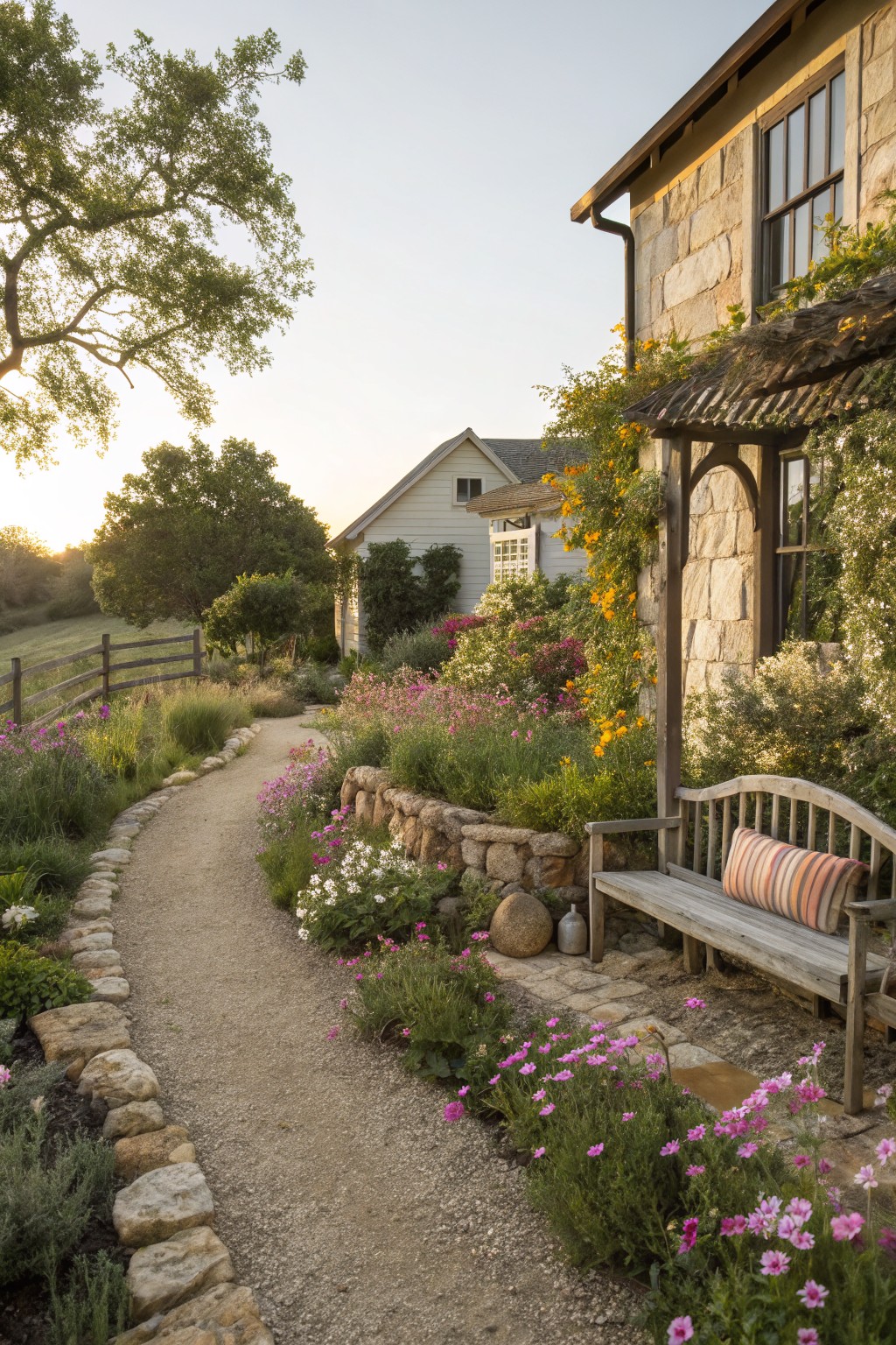 A curved gravel path bordered by stone walls and colorful flowers like pink cosmos leads to a wooden bench under a vine-covered pergola beside a stone house, with trees and a split-rail fence in the background.