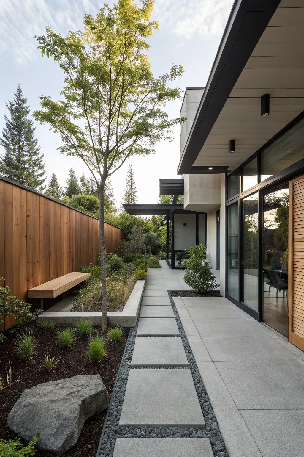 Side yard pathway of large square concrete pavers set into a gravel strip, bordered by raised planting beds with grasses, a tree, bench, large rock, wooden fence, and modern house with glass doors in the background.