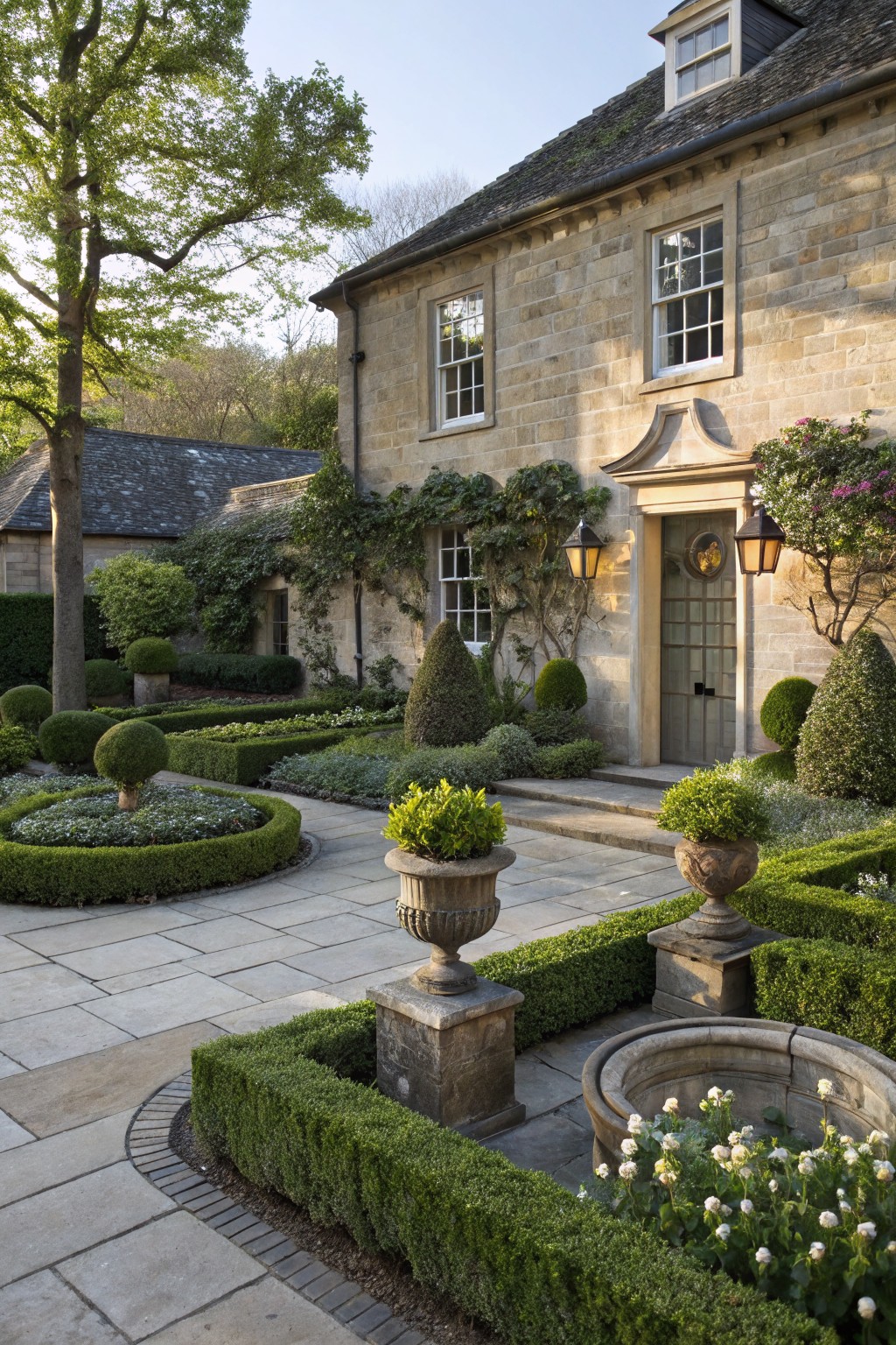 Stone house entrance surrounded by formal landscaping with clipped boxwood hedges, topiary shrubs, stone paths, urn planters, and low flower beds.