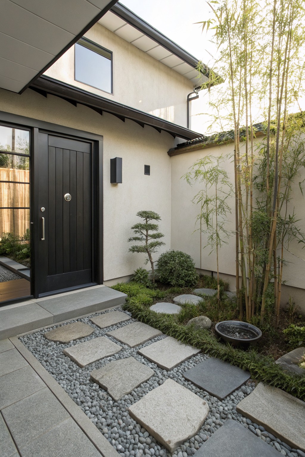Front entrance of a modern house with black wood door, zen garden featuring tall bamboo, bonsai tree, low shrubs, gravel bed, irregular stepping stones, and concrete edging.