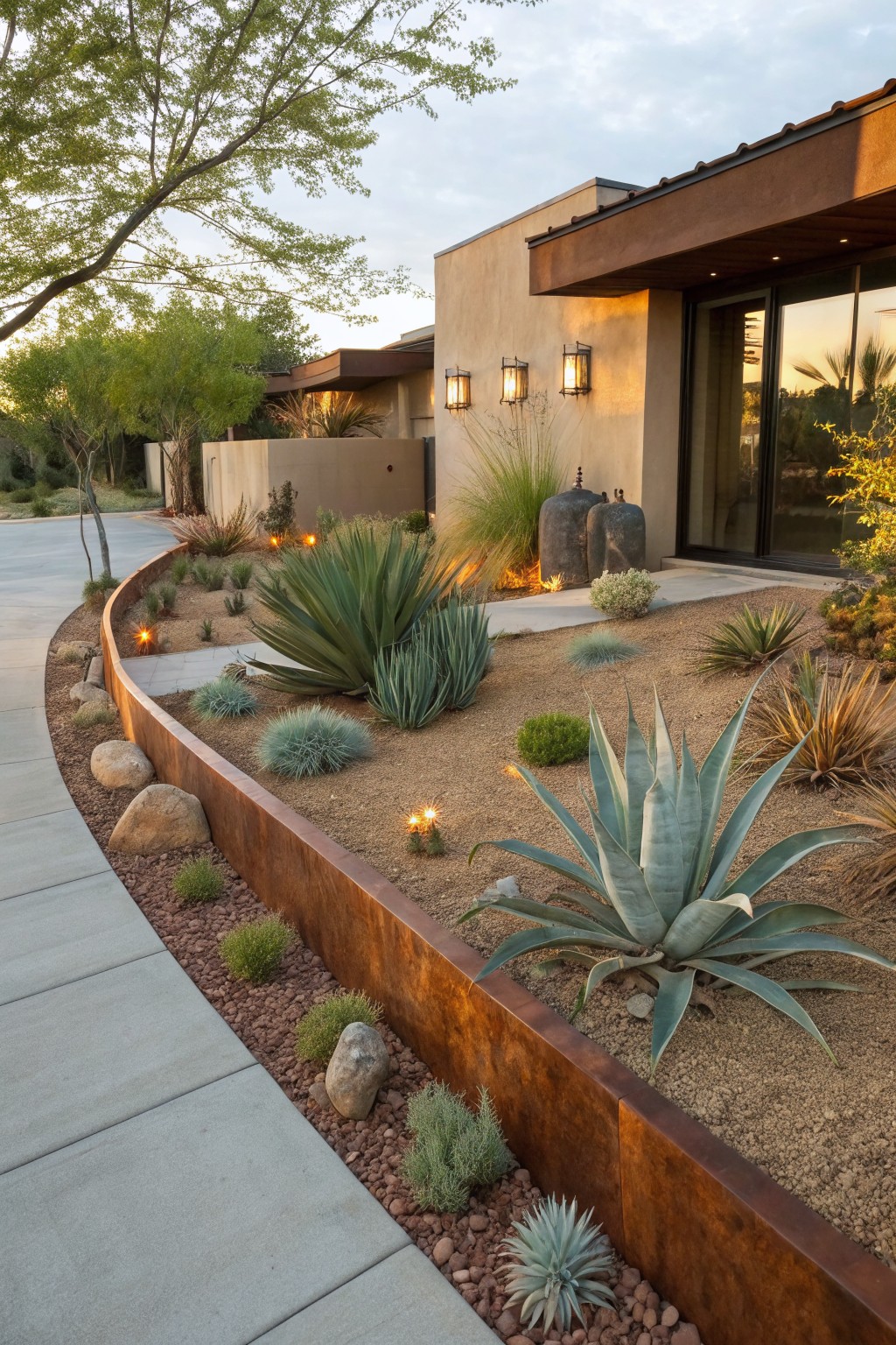 Curved front yard bed edged in rusted metal and filled with agave plants, succulents, gravel, and rocks along a concrete sidewalk near a stucco house.