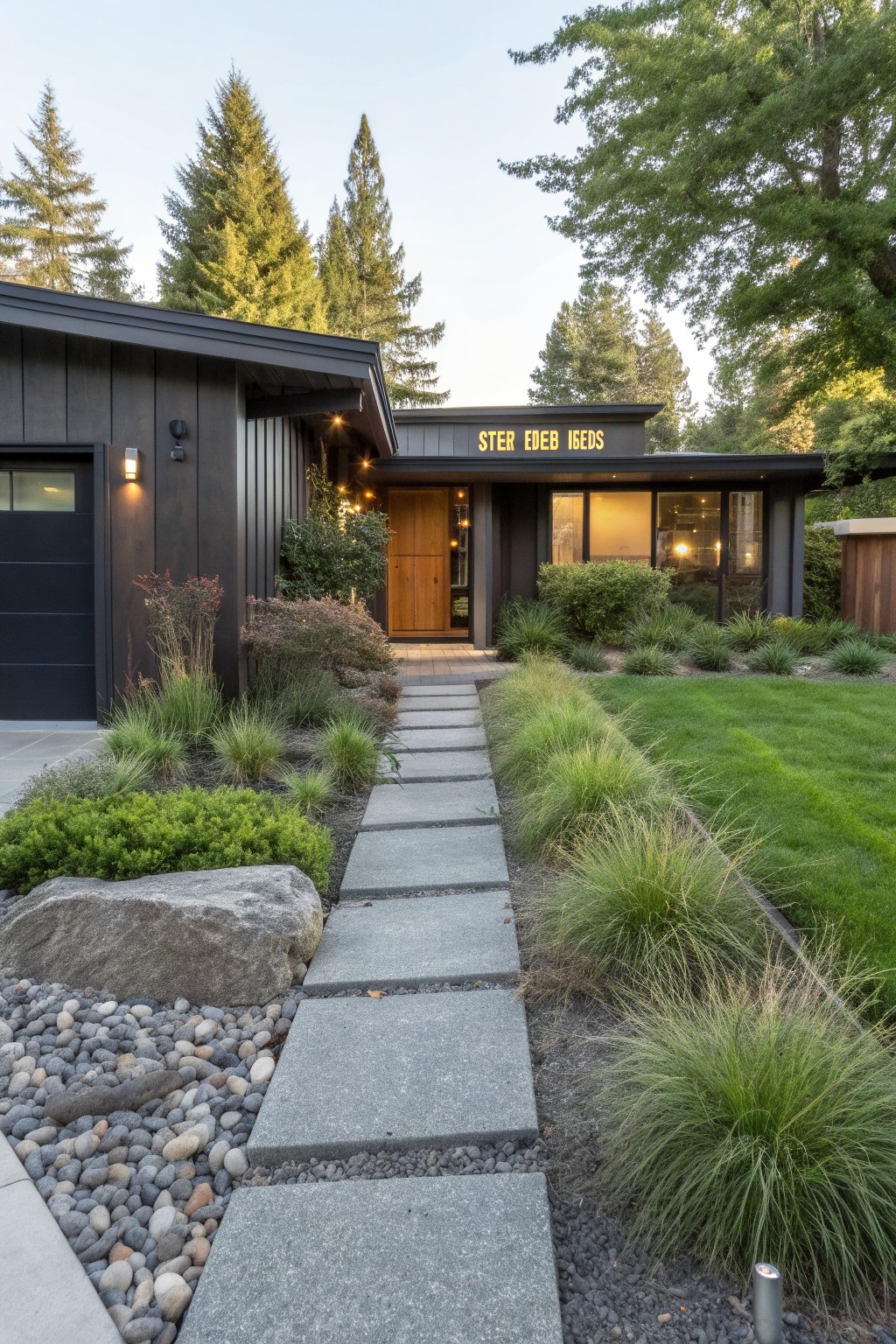 Dark modern house with garage and wooden front door, featuring a pathway of large rectangular concrete pavers set in gray pebbles and edged by ornamental grasses, shrubs, and a boulder, adjacent to a green lawn.