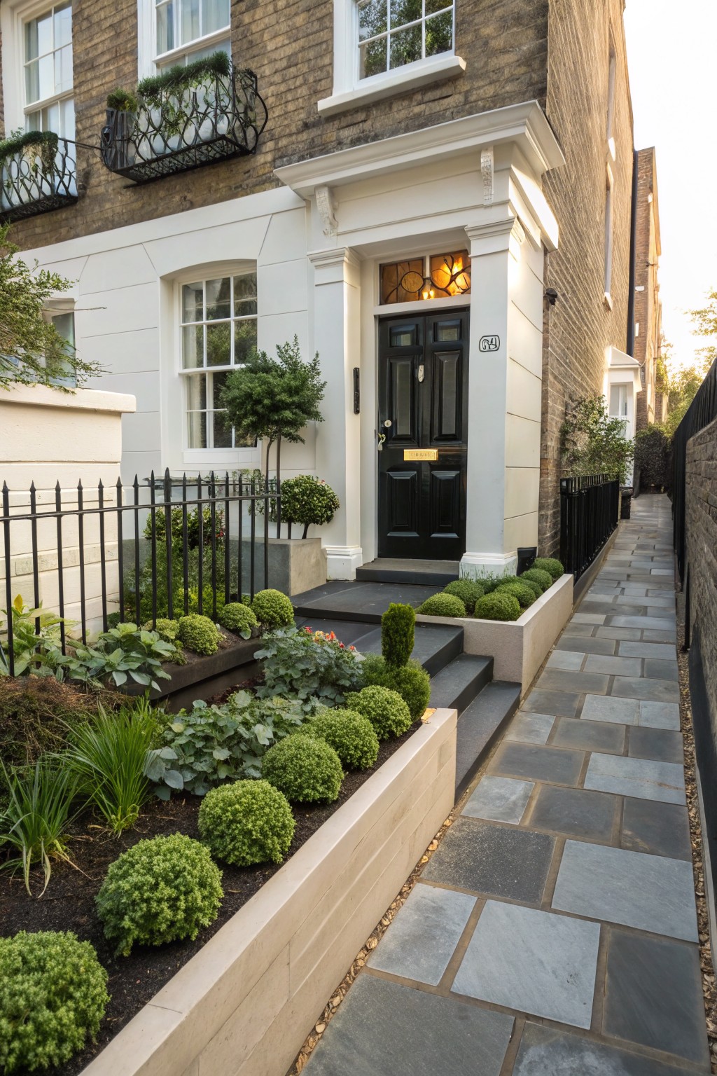 Brick terraced house exterior with white trim and black front door numbered 68, front approach via slate path bordered by raised rectangular planters filled with round boxwood shrubs, ferns, and other greenery.
