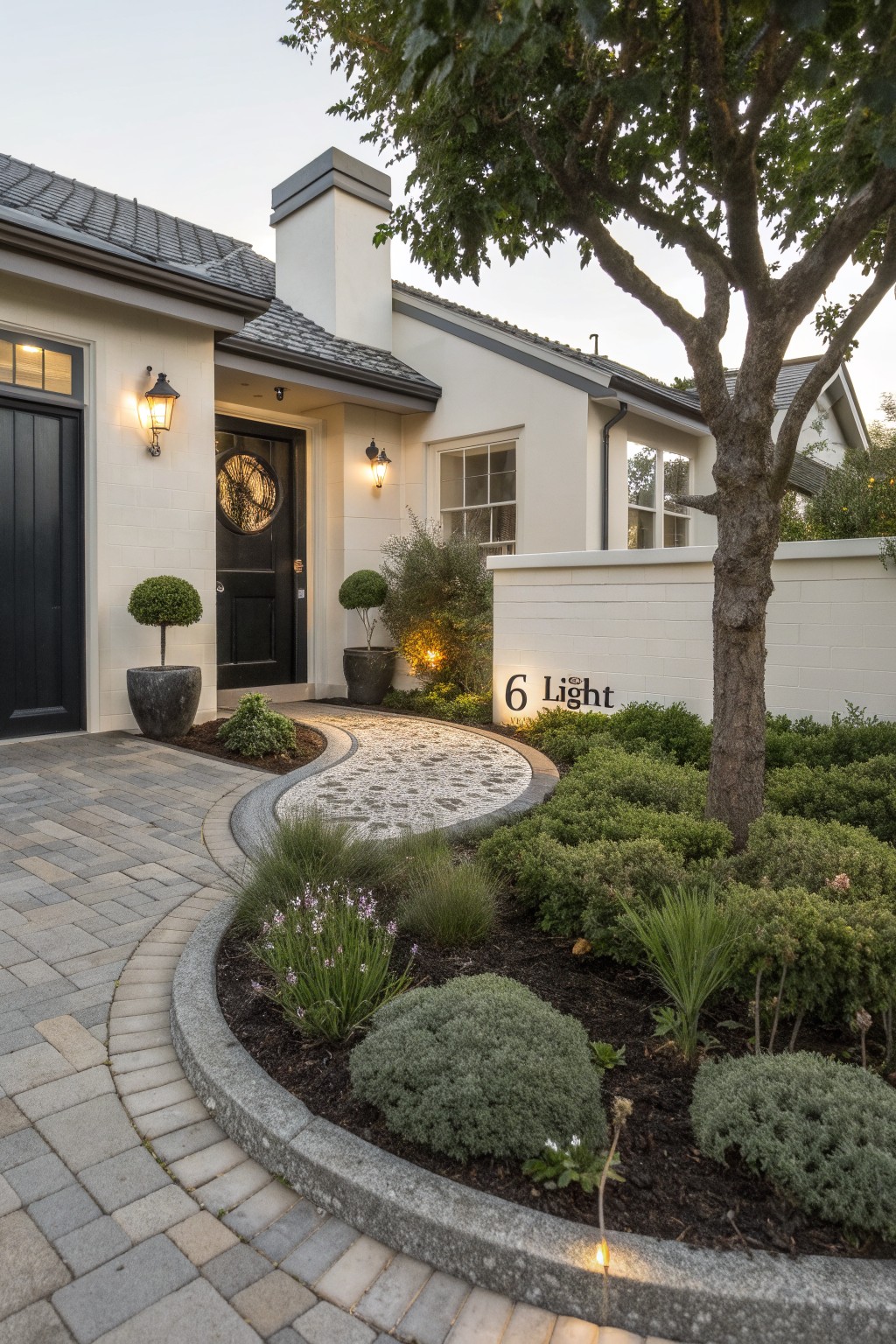 Front yard with curved white pebble pathway edged by smooth gray concrete curbing, surrounded by low shrubs, grasses, and potted plants, next to a paved walkway leading to a beige house entrance with black door and lanterns.