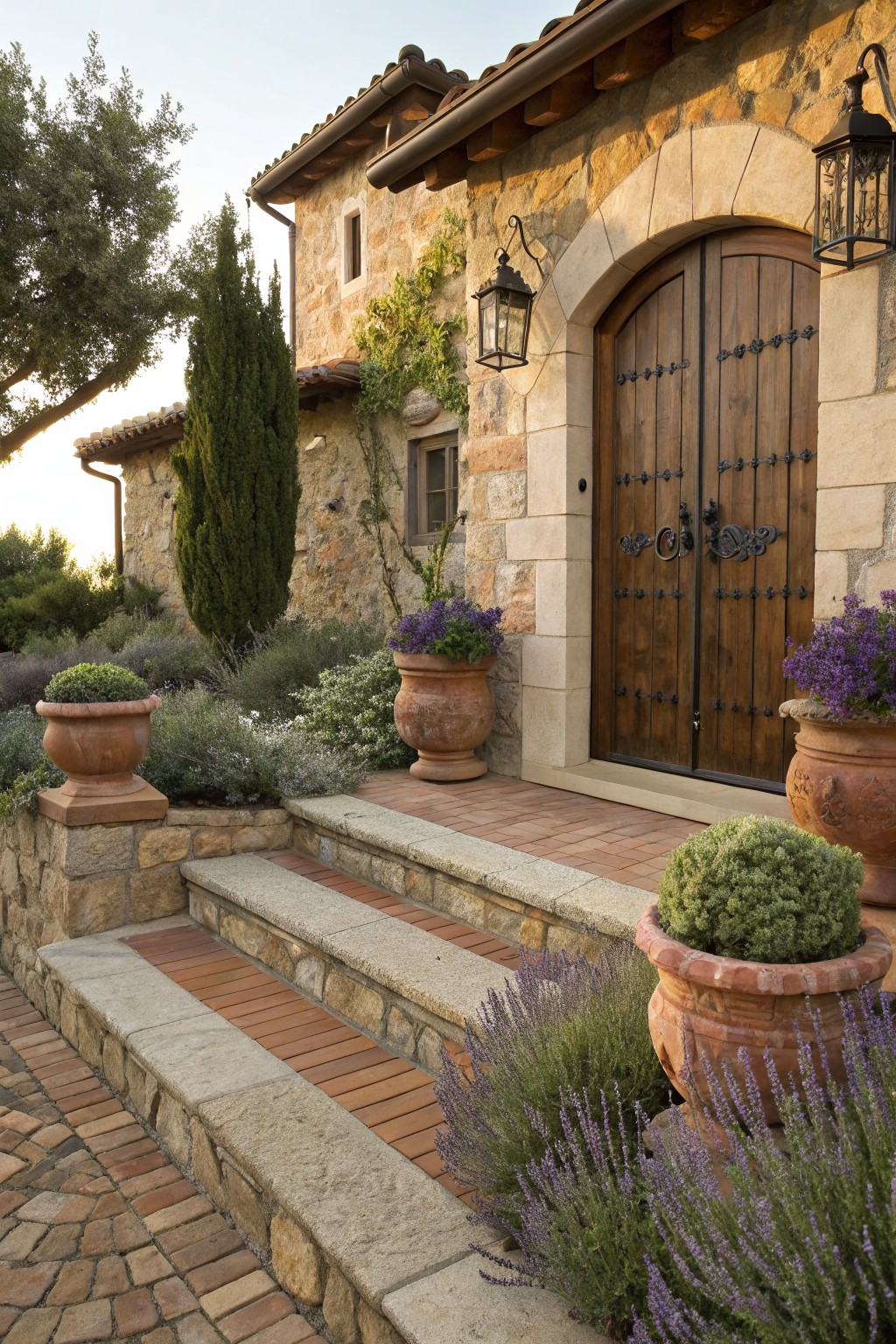 Rustic stone house front entrance featuring an arched wooden door, flanked by terracotta pots with lavender and shrubs, stone steps with brick inserts, and garden beds edged in stone and filled with low plants.