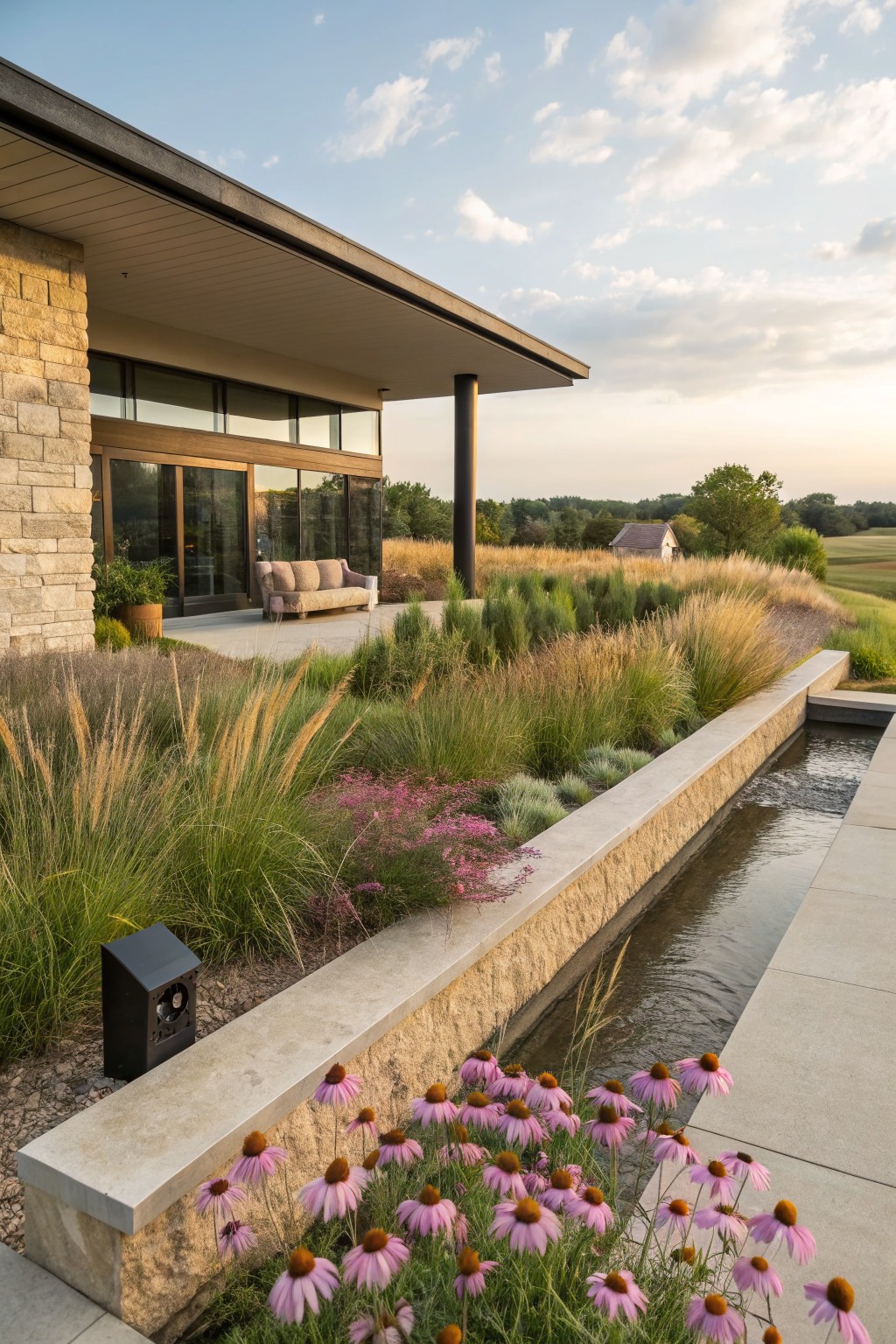 Contemporary house with stone and glass exterior, outdoor sofa on patio, tall ornamental grasses and pink coneflowers along a raised stone wall edging a narrow water channel next to a concrete path, with fields in the background at dusk.