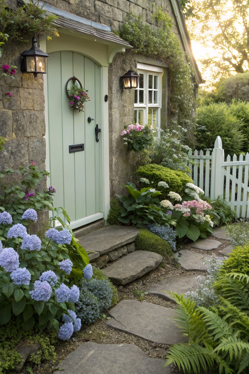Stone Path Edged by Hydrangeas