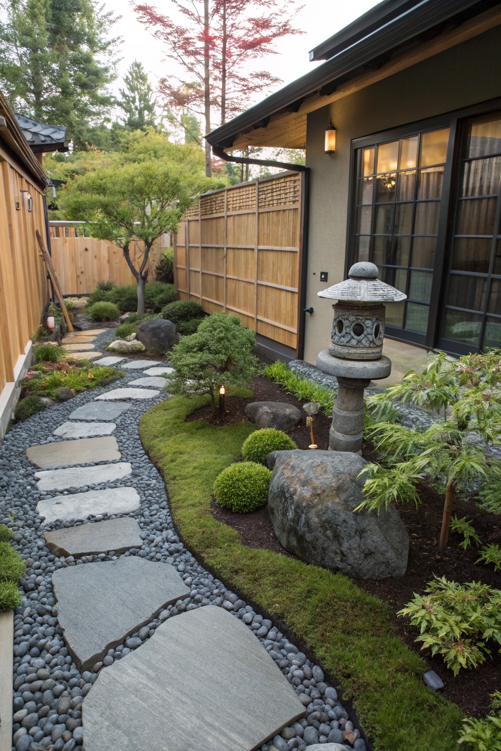 Narrow winding garden path of irregular gray stepping stones set in black gravel, edged by low green plants, mossy grass, boulders, and a stone lantern, next to a beige house exterior with bamboo fence and windows.