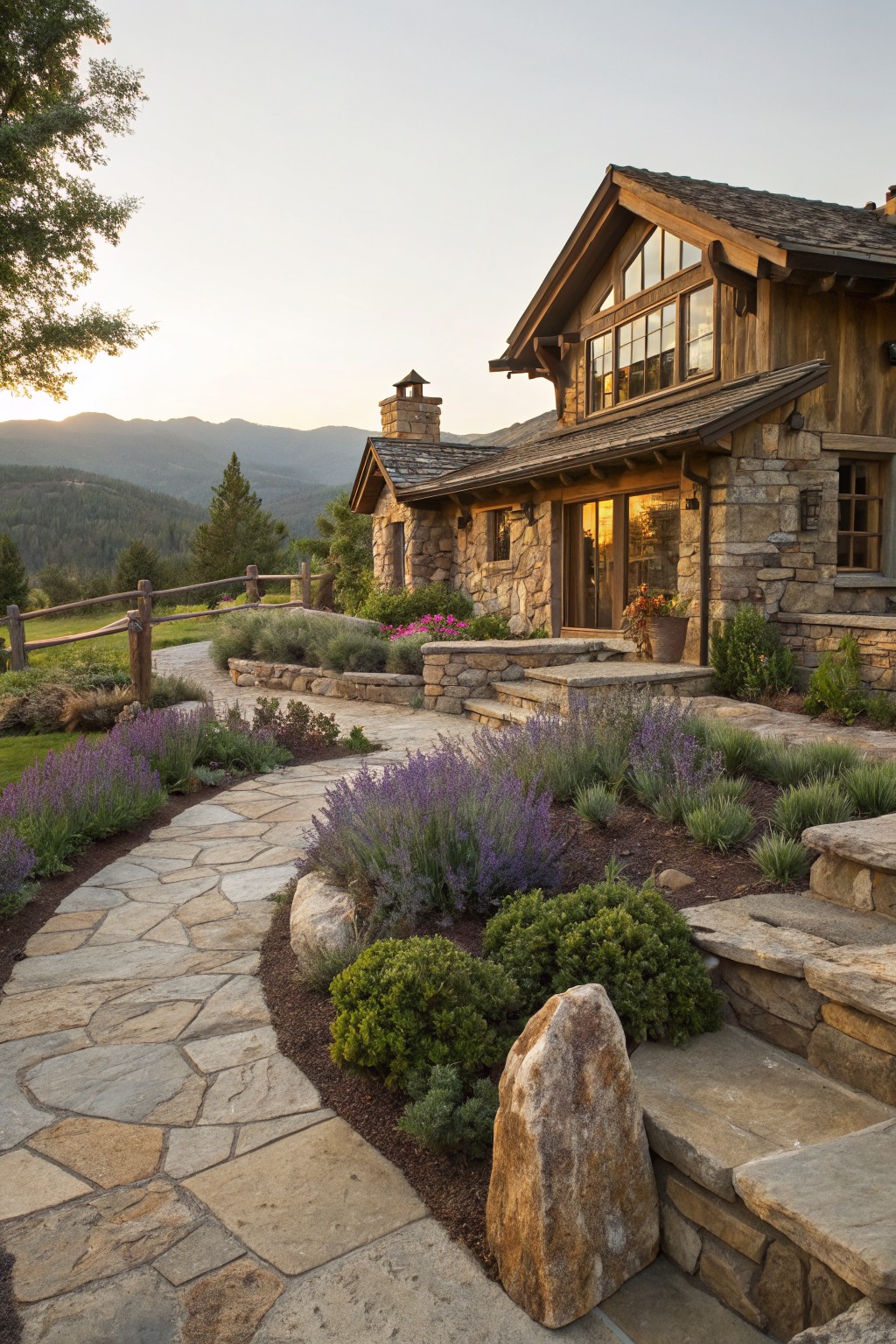 Curved flagstone pathway edged with lavender plants and shrubs leading to the stone and wood front entrance of a rustic house, with split-rail fence and mountain backdrop.
