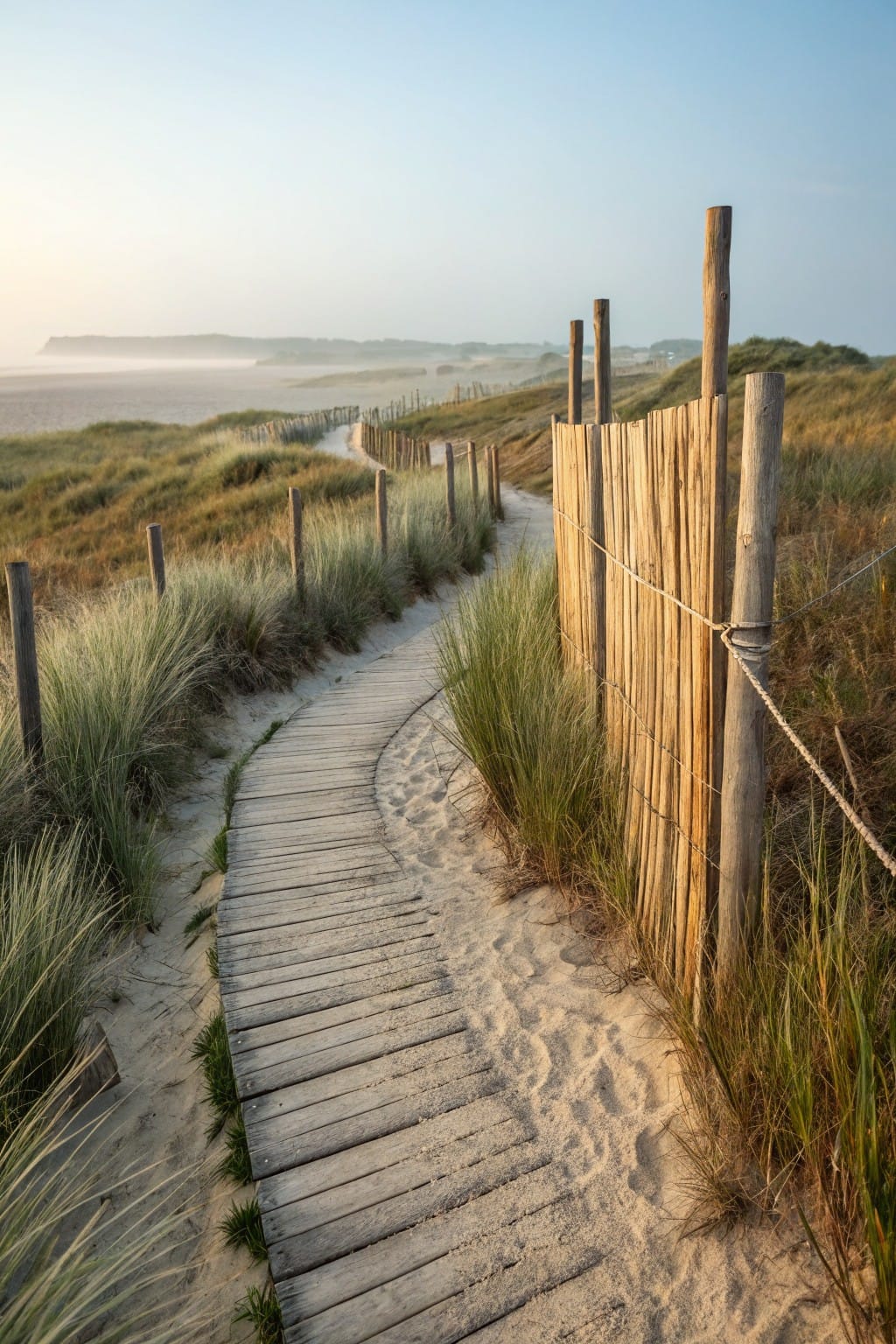 A wooden boardwalk path curves through sand dunes lined with bamboo fencing on wooden posts amid tall grasses.