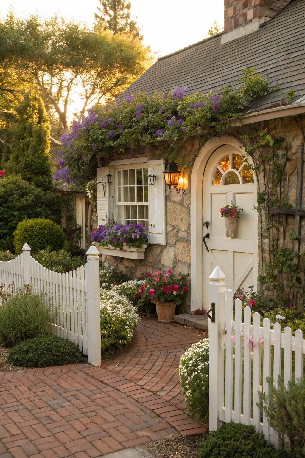 Stone cottage with purple climbing vines, arched white door, window box flowers, white scalloped picket fence, brick pathway, and garden plantings.