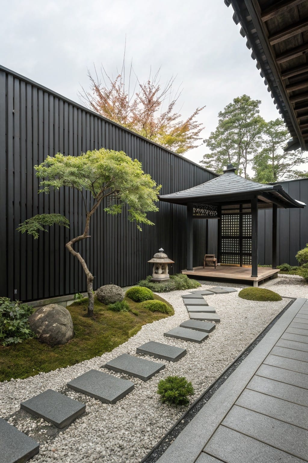 Japanese-style garden enclosed by tall black vertical wood plank fences, featuring a small black pavilion on a raised deck, stepping stone path through gravel and moss, rocks, small trees, and stone lanterns.