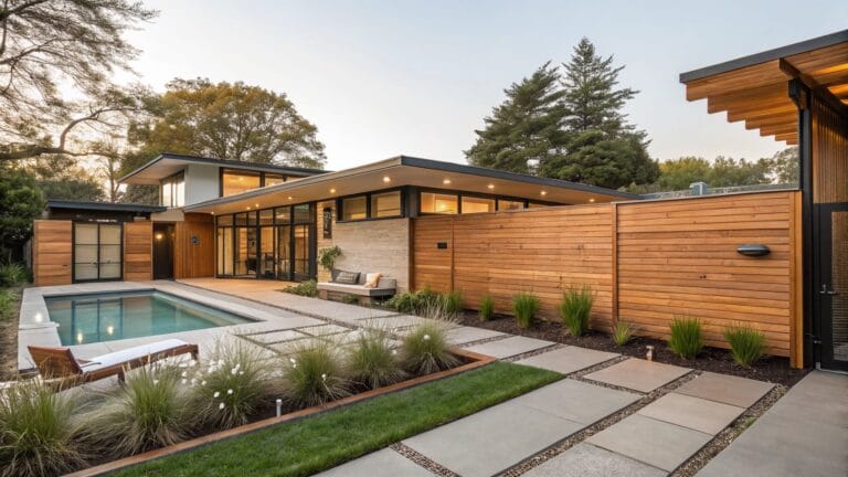 Backyard pool edged with a raised horizontal slatted wooden fence planted with grasses, leading to a path, patio with lounger, and modern house with glass walls and wooden privacy screen.